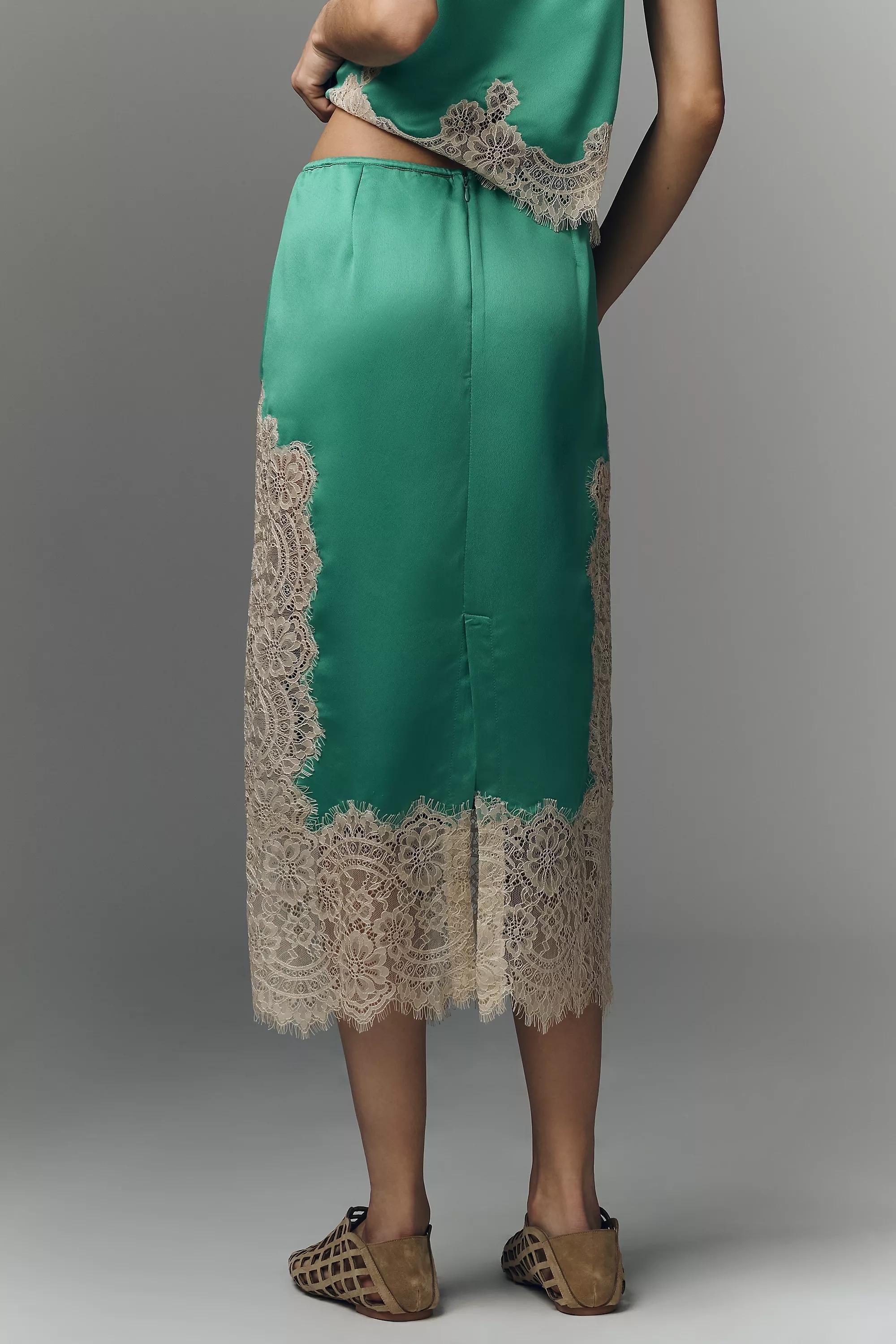 Laced Satin Midi Skirt, Blue, Turquoise, large image number 3