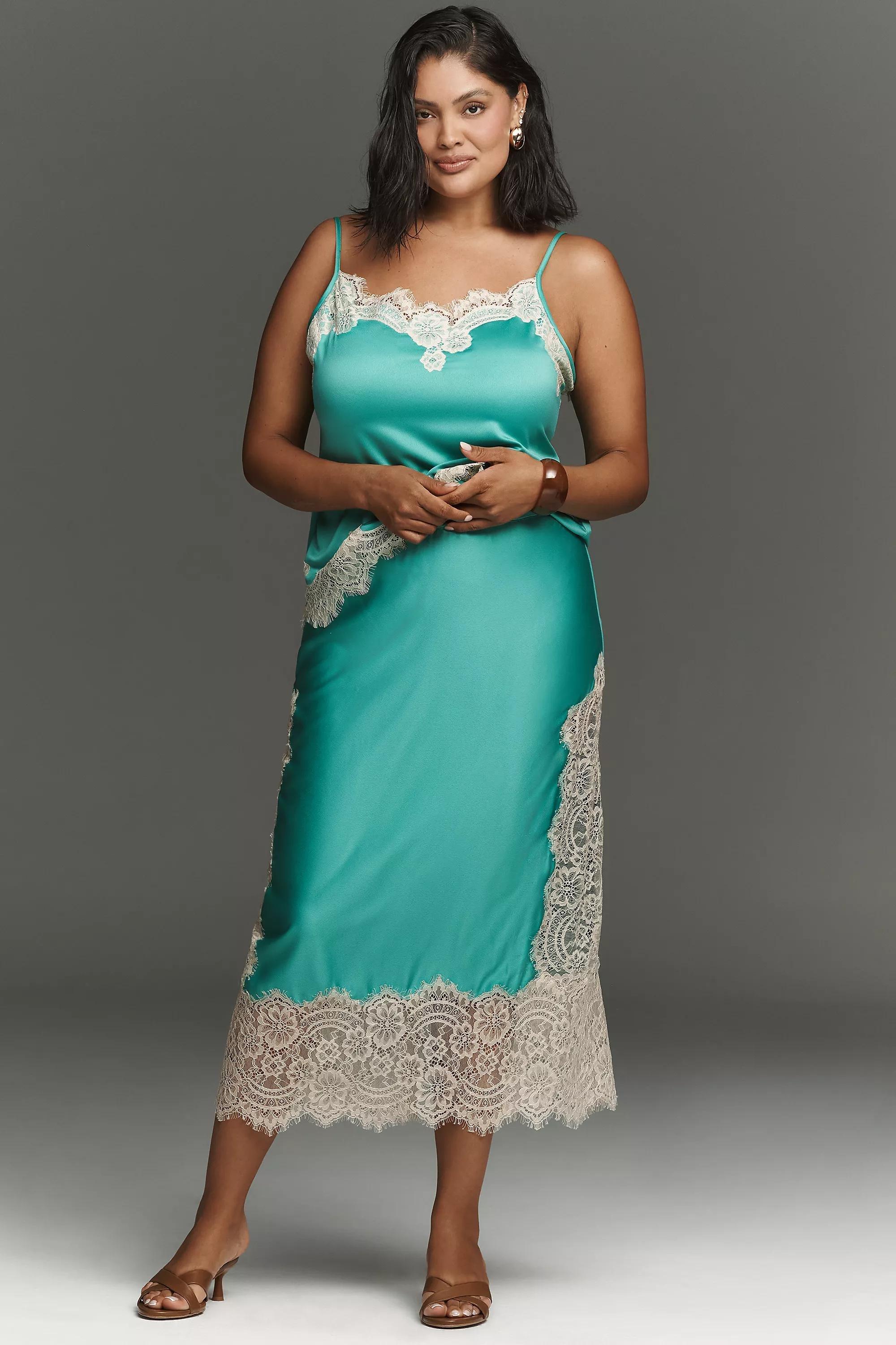 Laced Satin Midi Skirt, Blue, Turquoise, large image number 4