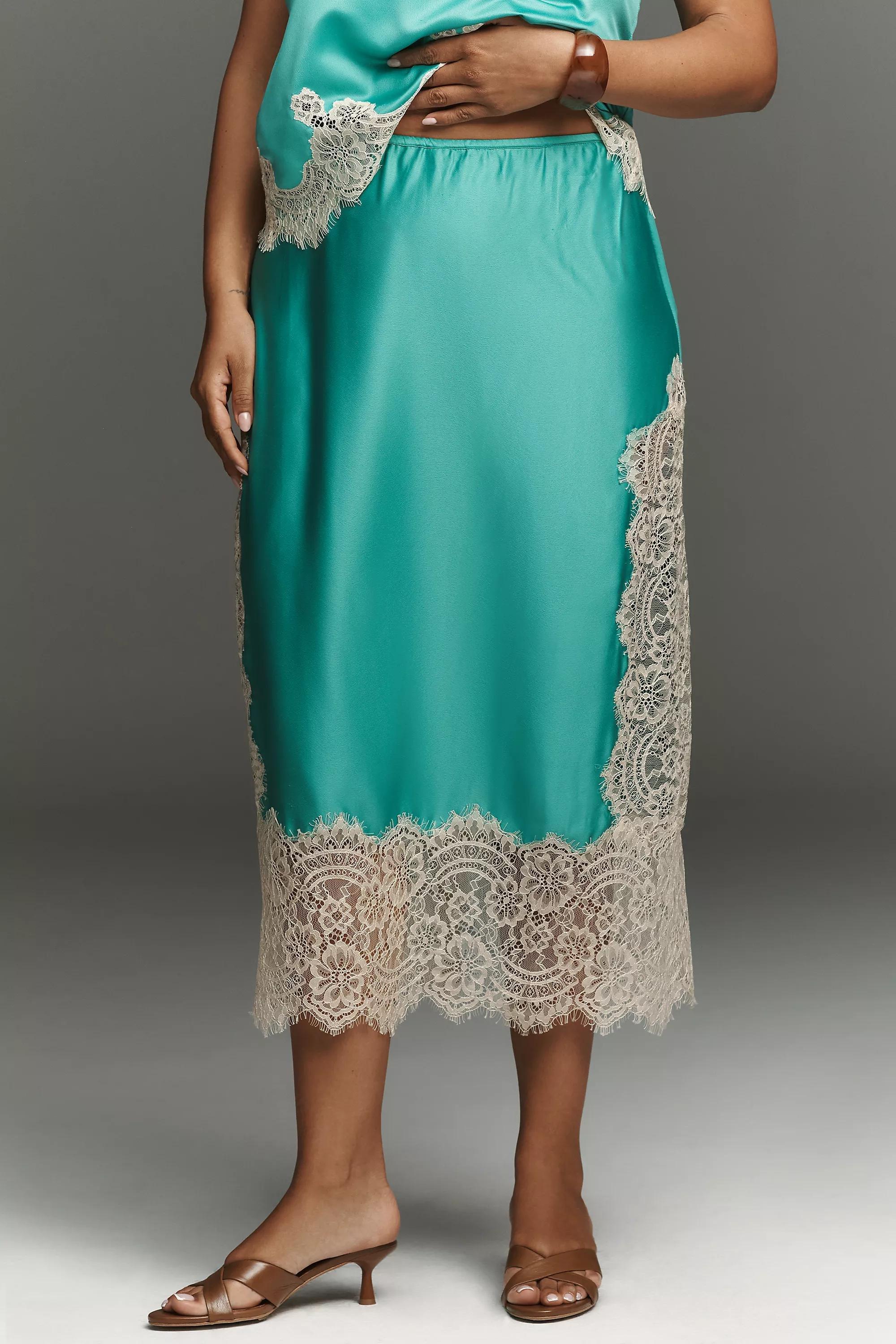 Laced Satin Midi Skirt, Blue, Turquoise, large image number 5