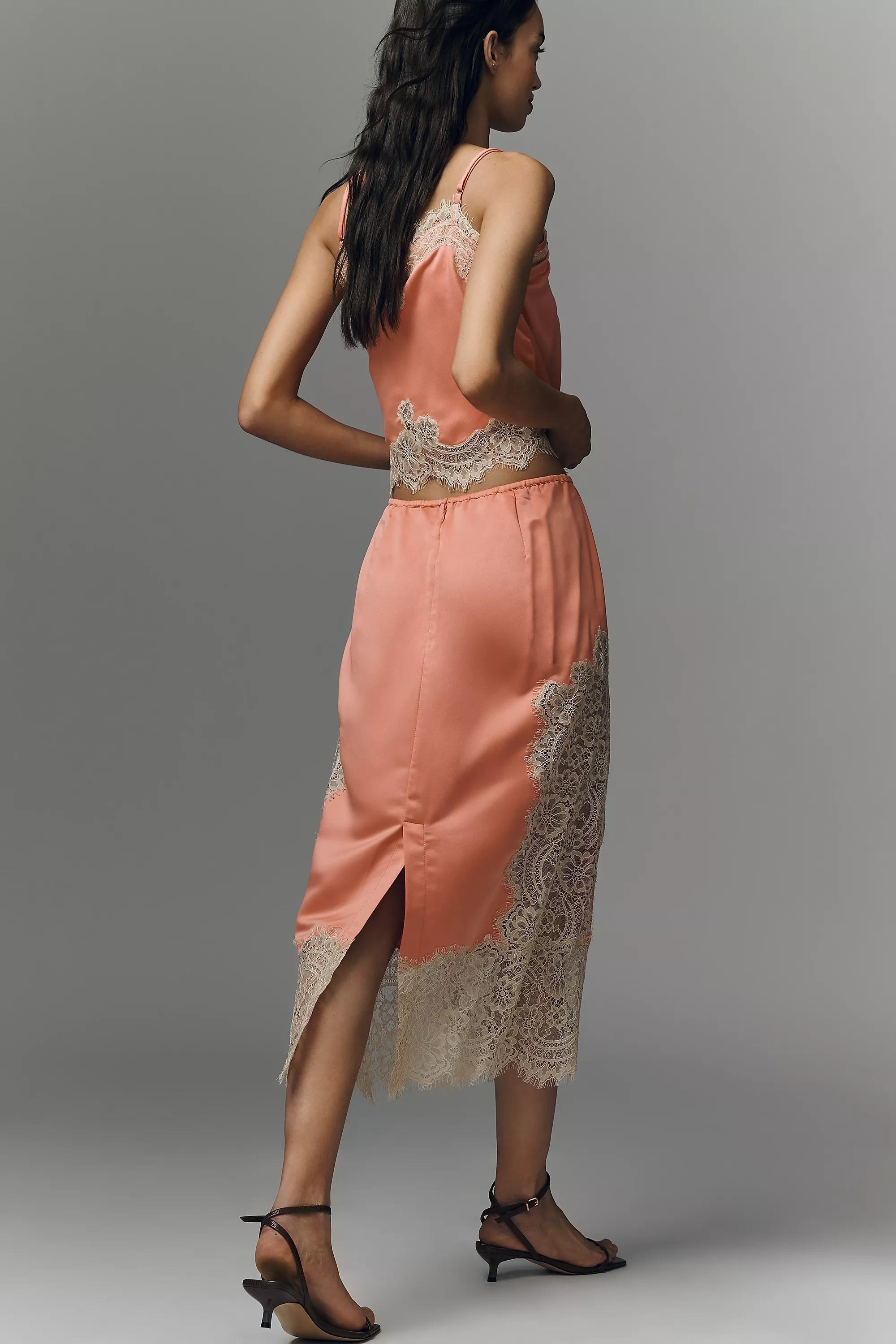 Cinzia Laced Satin Midi Skirt, Pink, Pink, medium