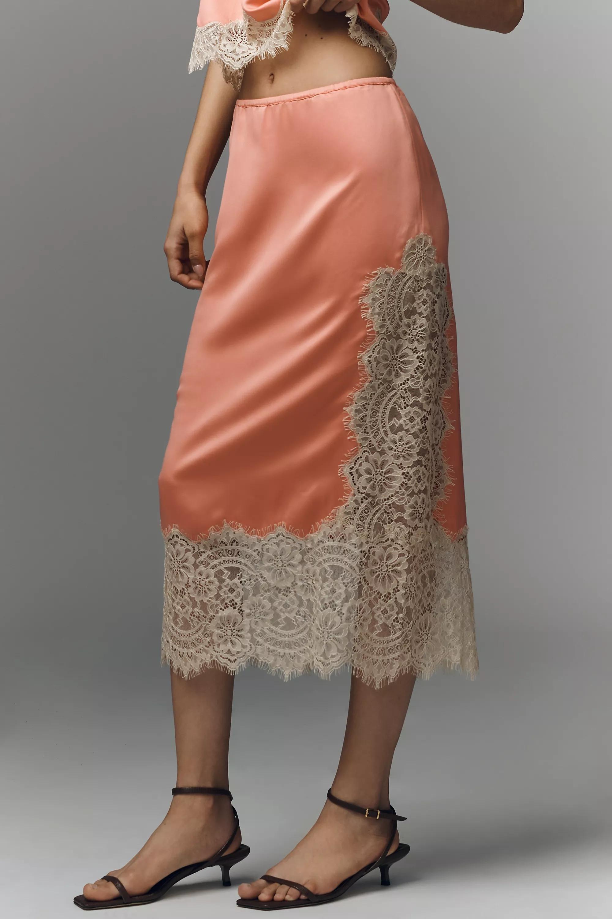 Cinzia Laced Satin Midi Skirt, Pink, Pink, large image number 3