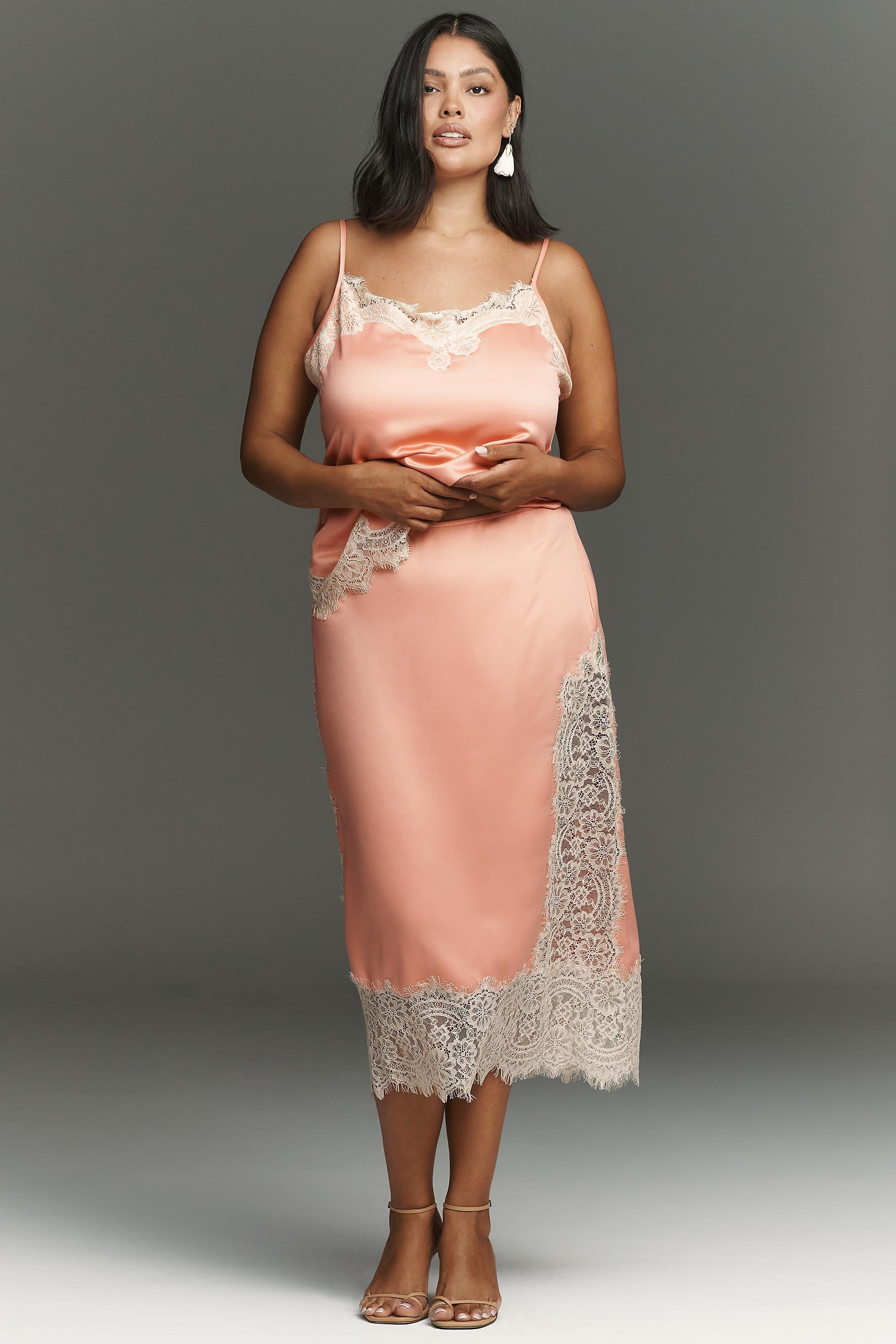 Cinzia Laced Satin Midi Skirt, Pink, Pink, large image number 4