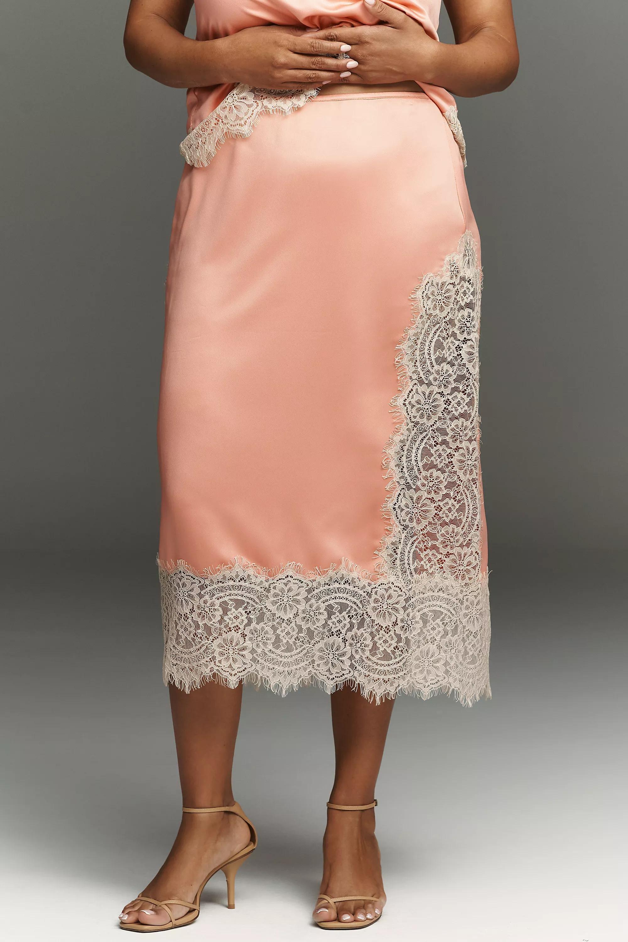 Cinzia Laced Satin Midi Skirt, Pink, Pink, large image number 5