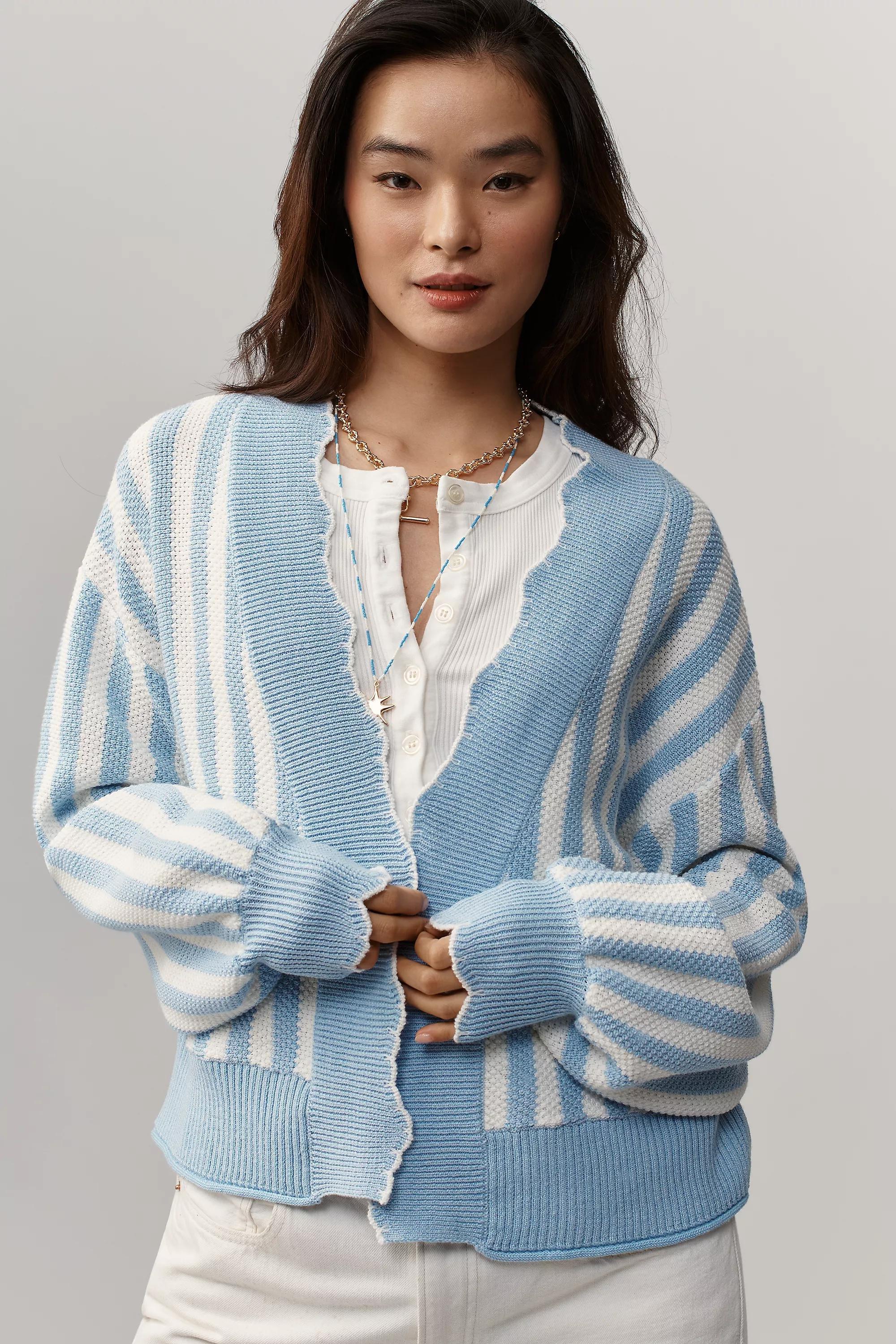 By Anthropologie Waffle-Knit Scalloped Cardigan, Blue, Black, medium