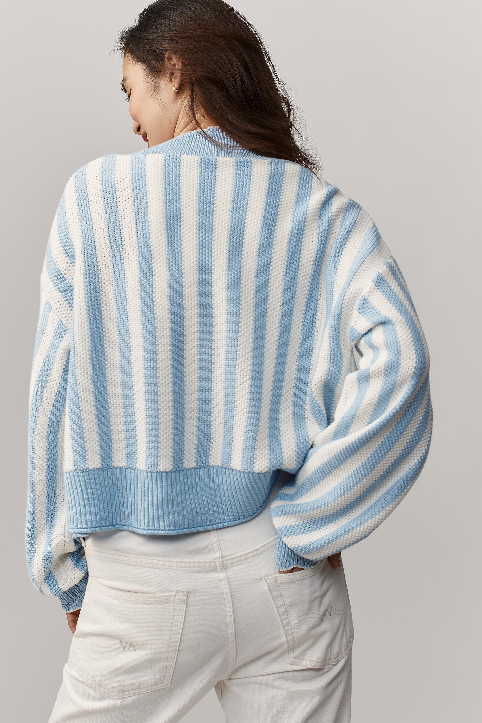 By Anthropologie Waffle-Knit Scalloped Cardigan, Blue, Black, medium