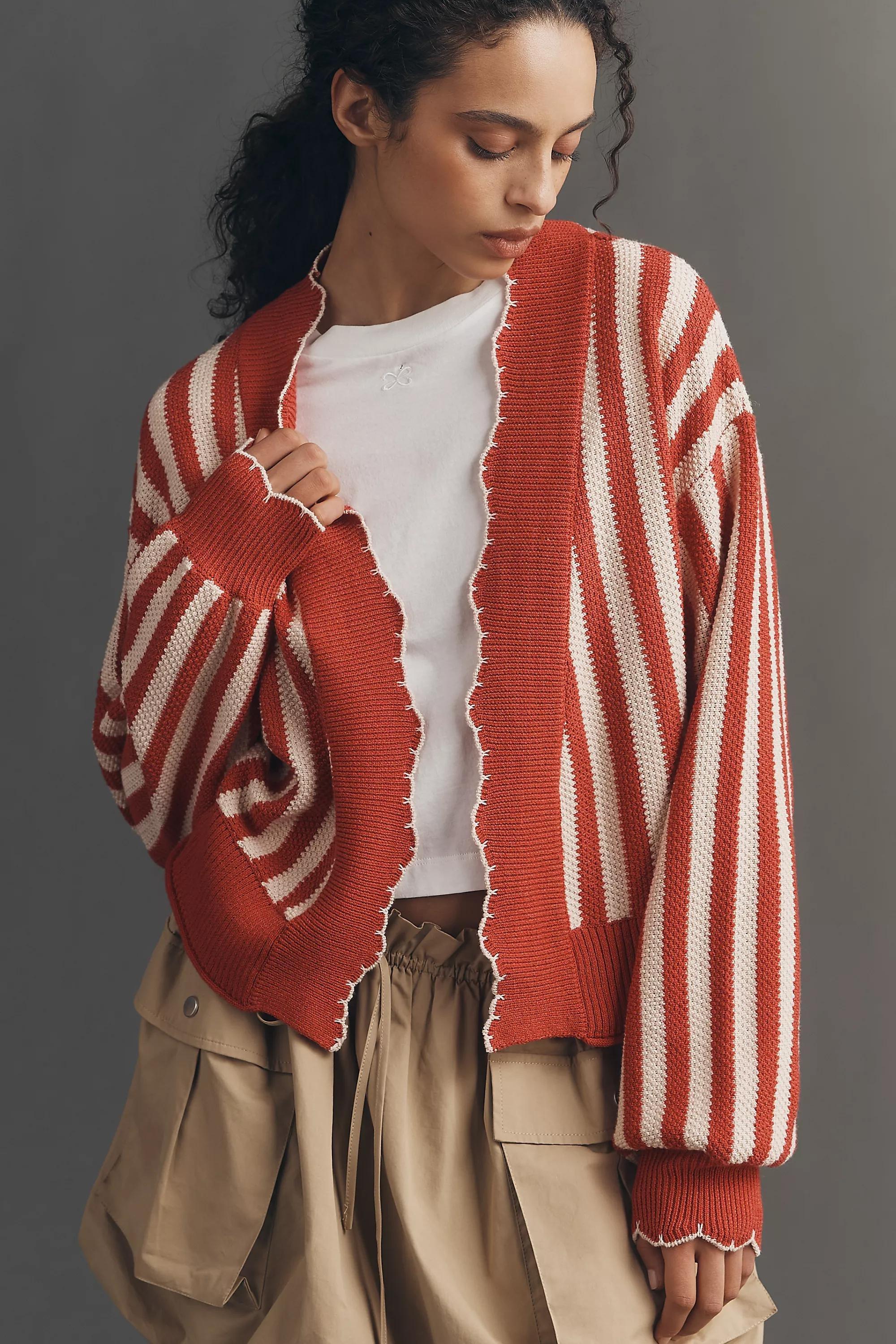 By Anthropologie Waffle-Knit Scalloped Cardigan, Red, Red, medium