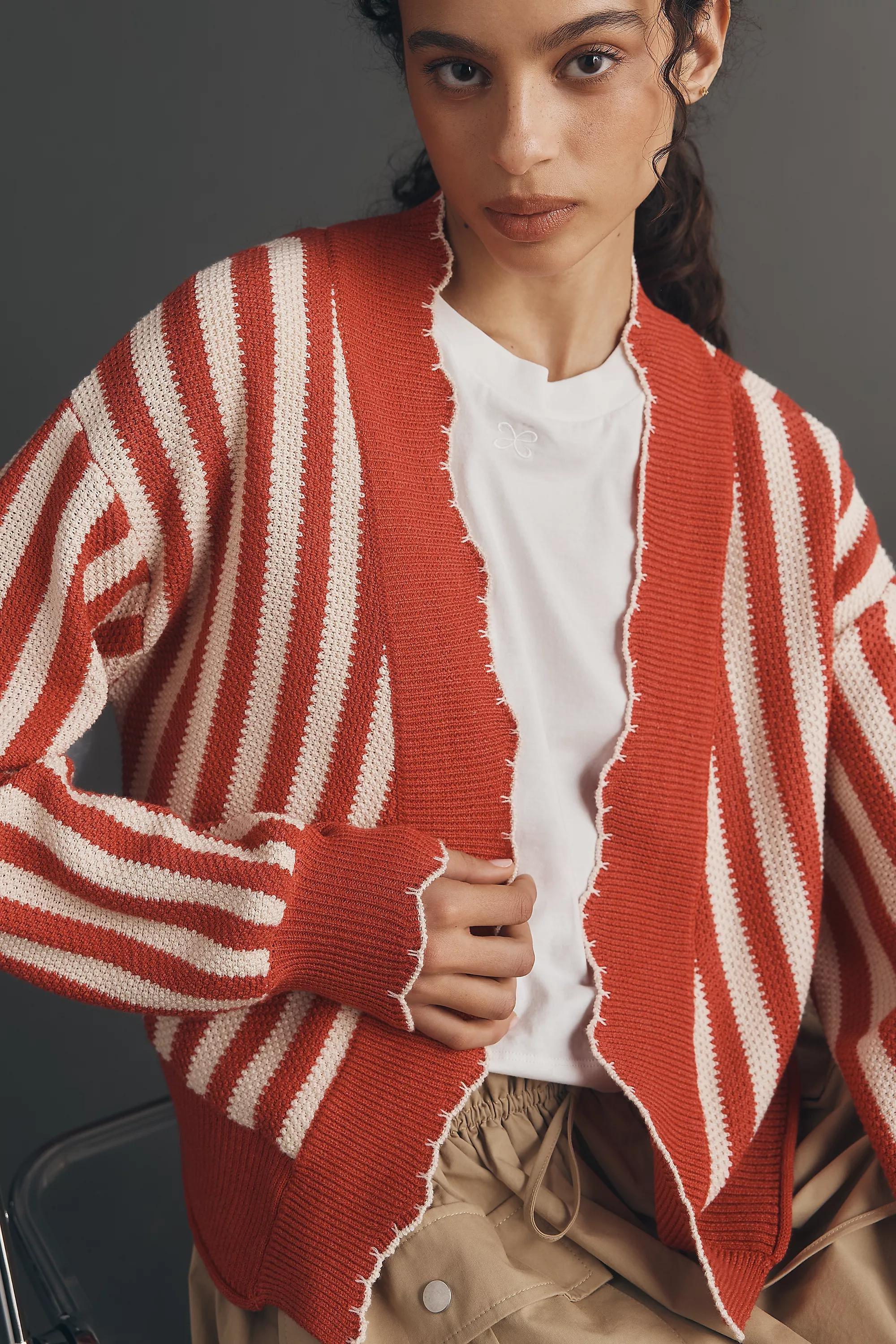 By Anthropologie Waffle-Knit Scalloped Cardigan, Red, Red, medium