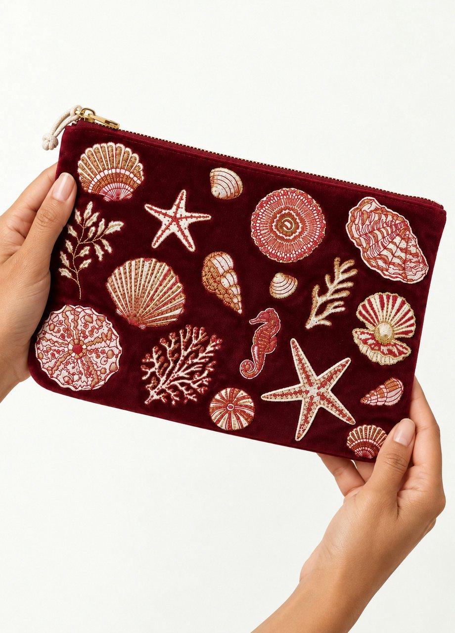 Beaded Velvet Pouch, Red, Burgundy, medium