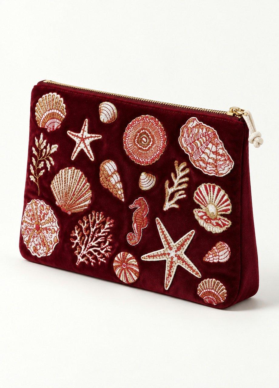 Beaded Velvet Pouch, Red, Burgundy, medium