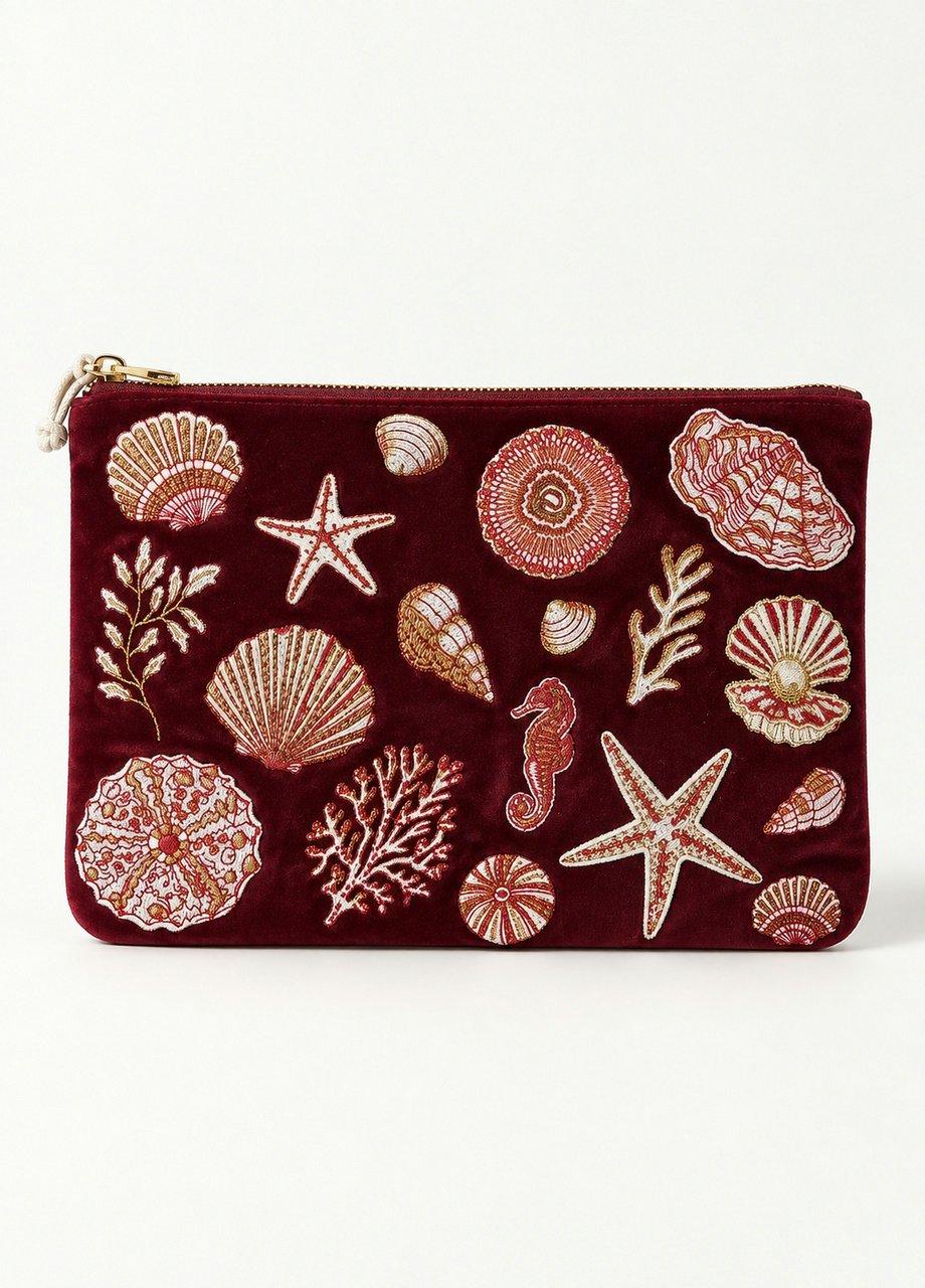 Beaded Velvet Pouch, Red, Burgundy, medium