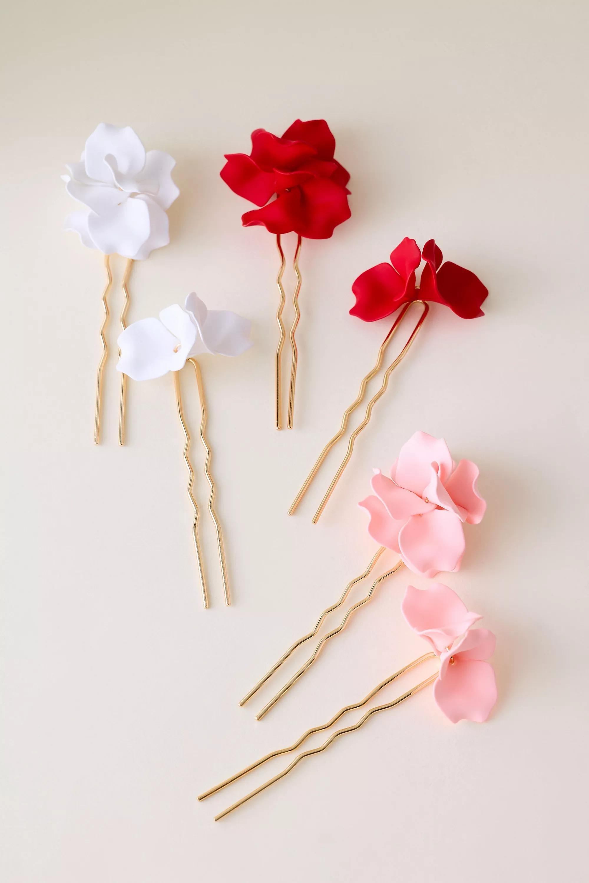 3D Floral Hair Pins, Set Of 2, Red, A501_0060, medium