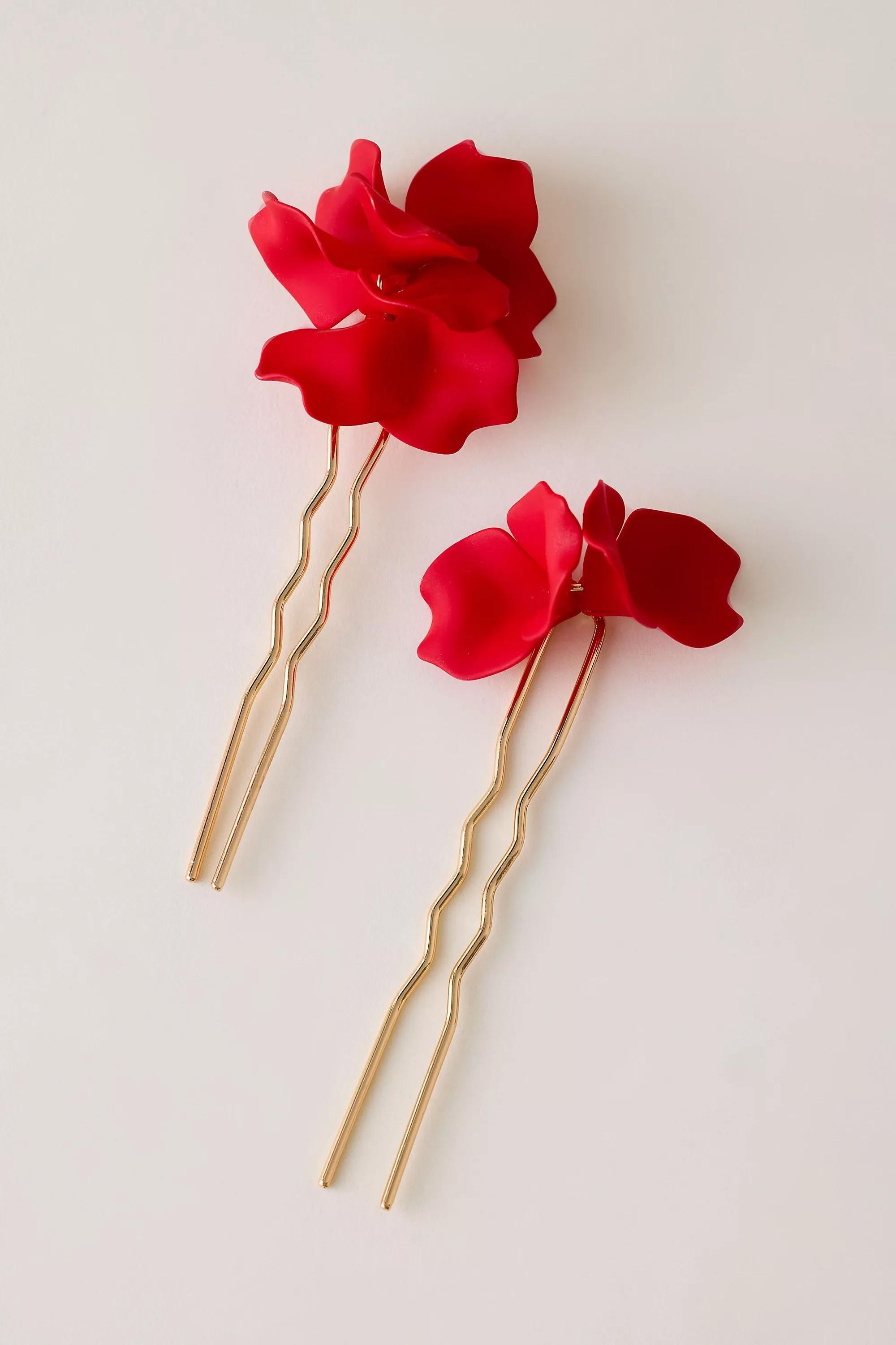 3D Floral Hair Pins, Set Of 2, Red, A501_0060, large image number 2