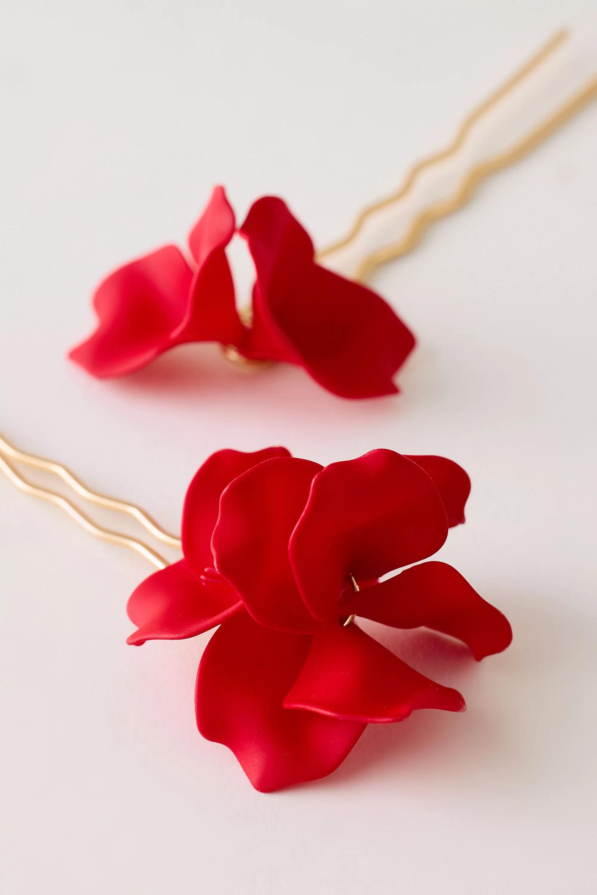 3D Floral Hair Pins, Set Of 2, Red, A501_0060, large image number 4