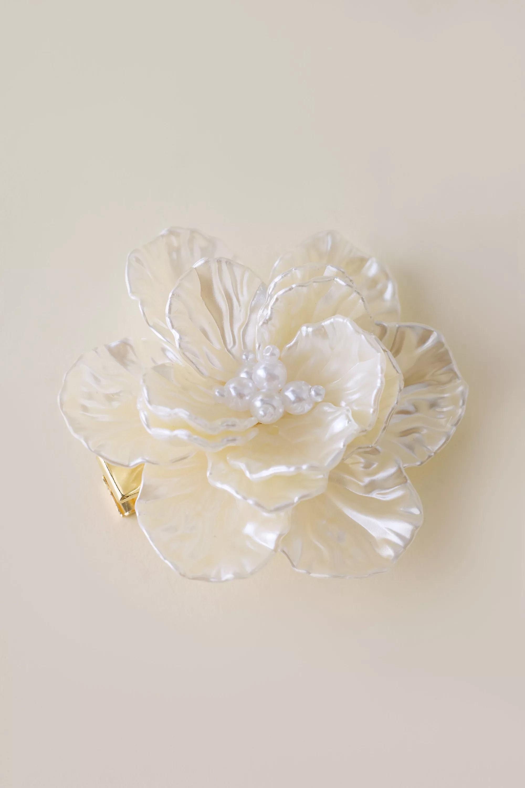 Faux-Pearl Floral Hair Clip, Pearl, A501_0017, large image number 1