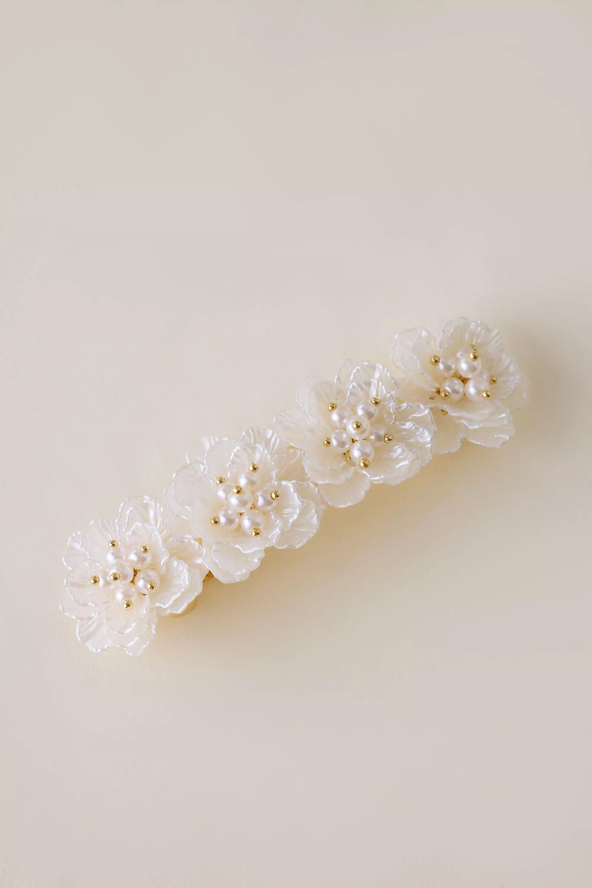 Faux-Pearl Flower Hair Barrette Clip, Pearl, A501_0017, medium