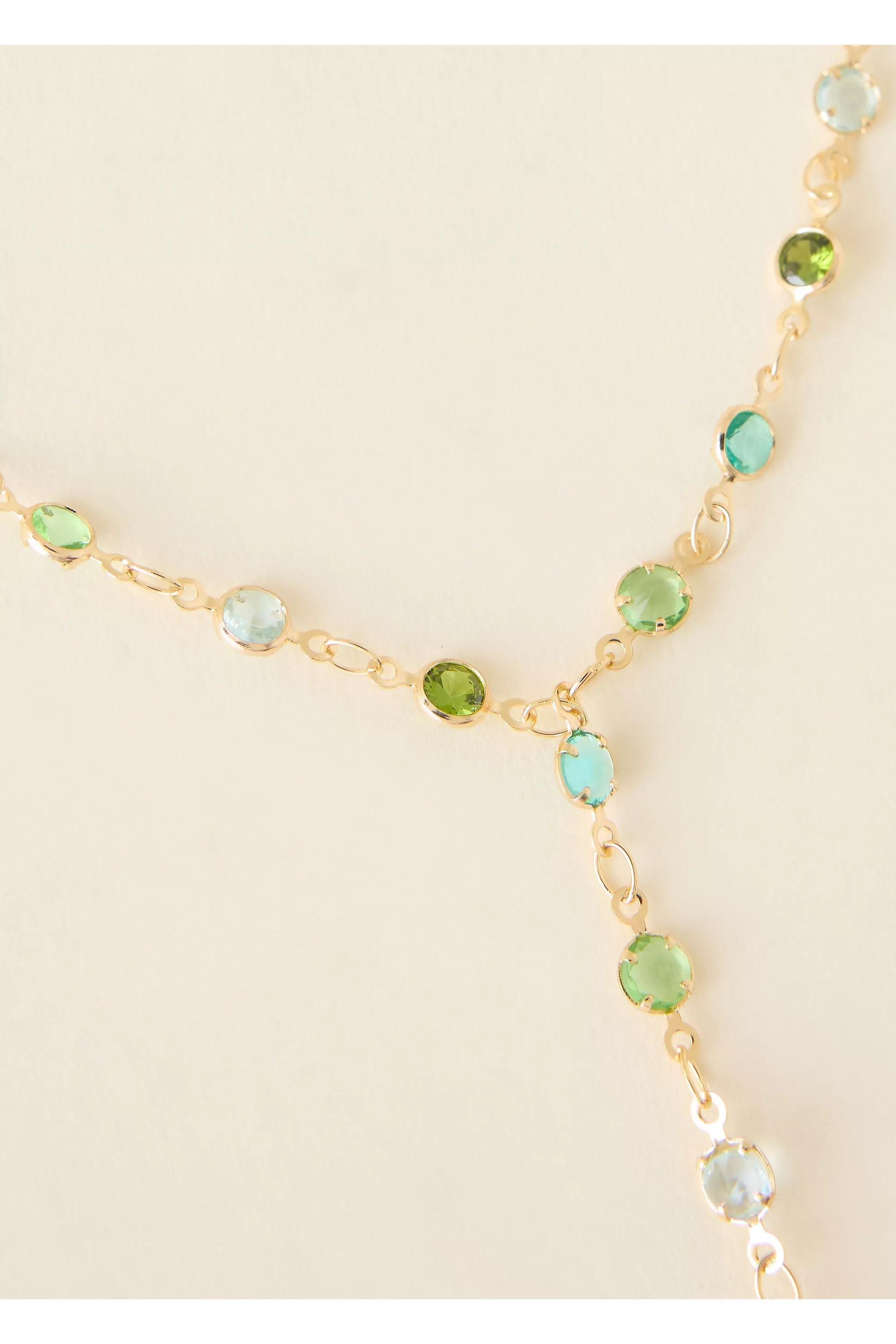 Gold-Plated Crystal Y Necklace, Green, A501_0030, large image number 1