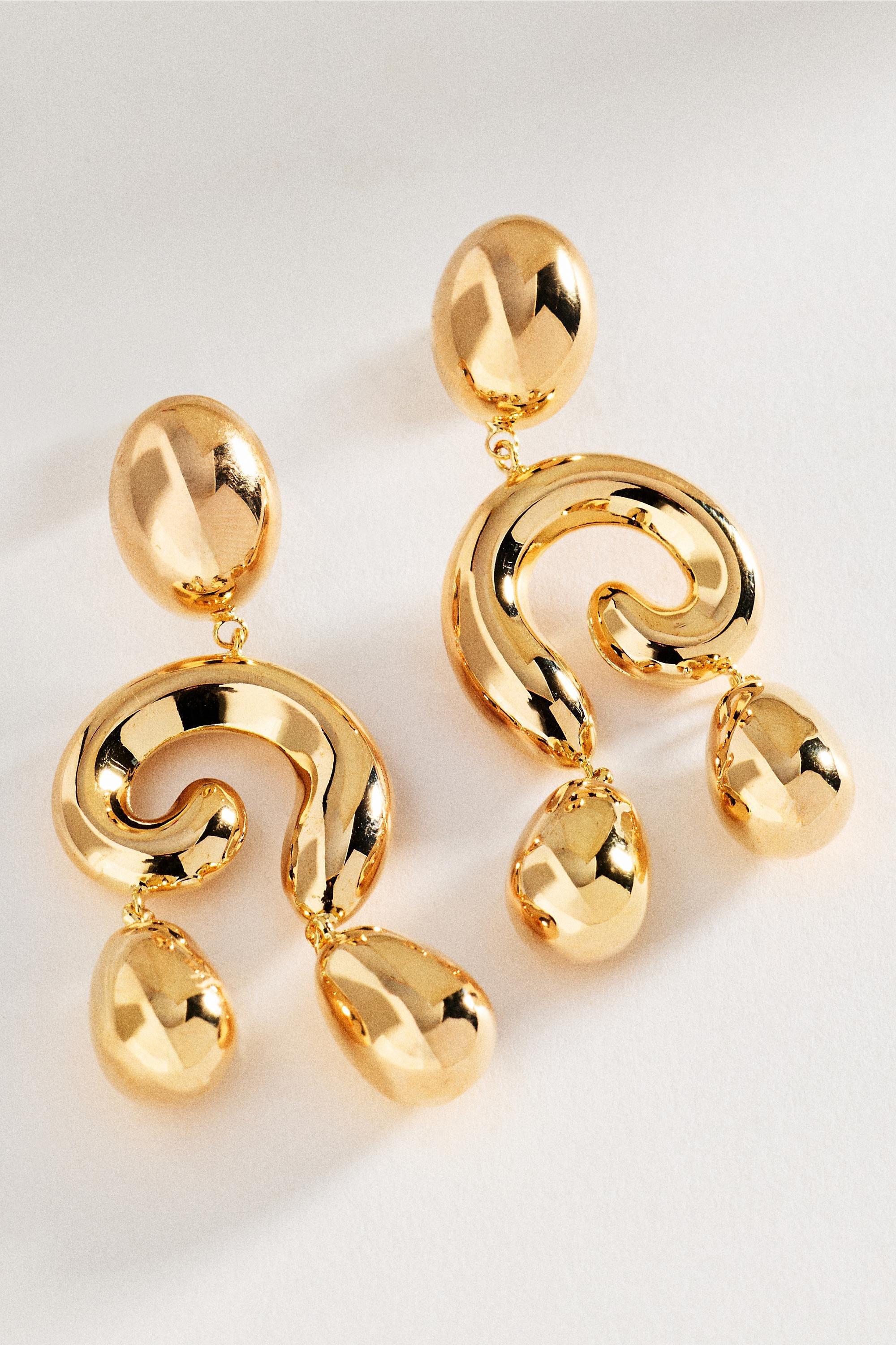 Sculptural Deco Drop Earrings, Gold, Gold, large image number 1