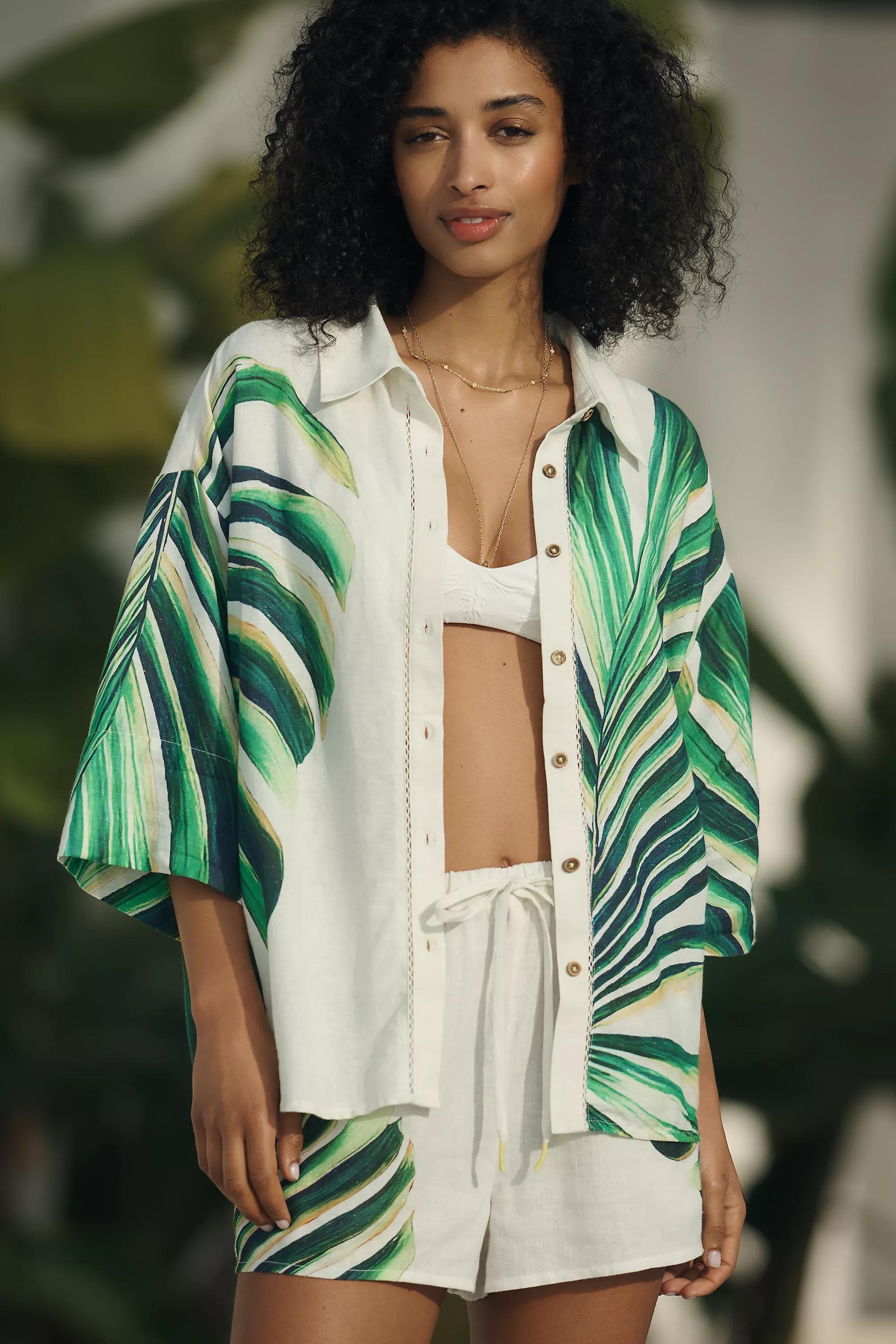 Motif Celandine Botanical Print Linen-Blend Shirt, Green, A501_0039, medium
