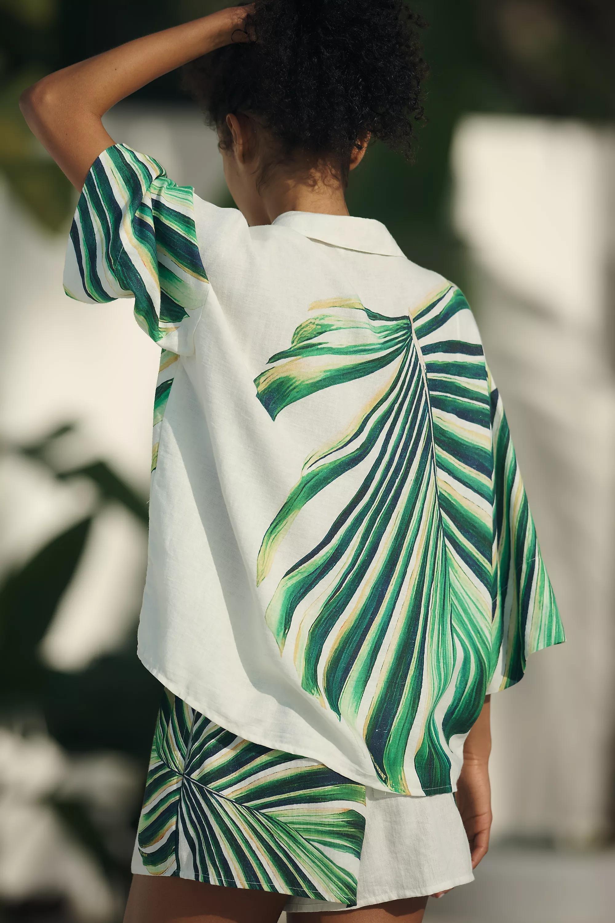 Motif Celandine Botanical Print Linen-Blend Shirt, Green, A501_0039, large image number 1