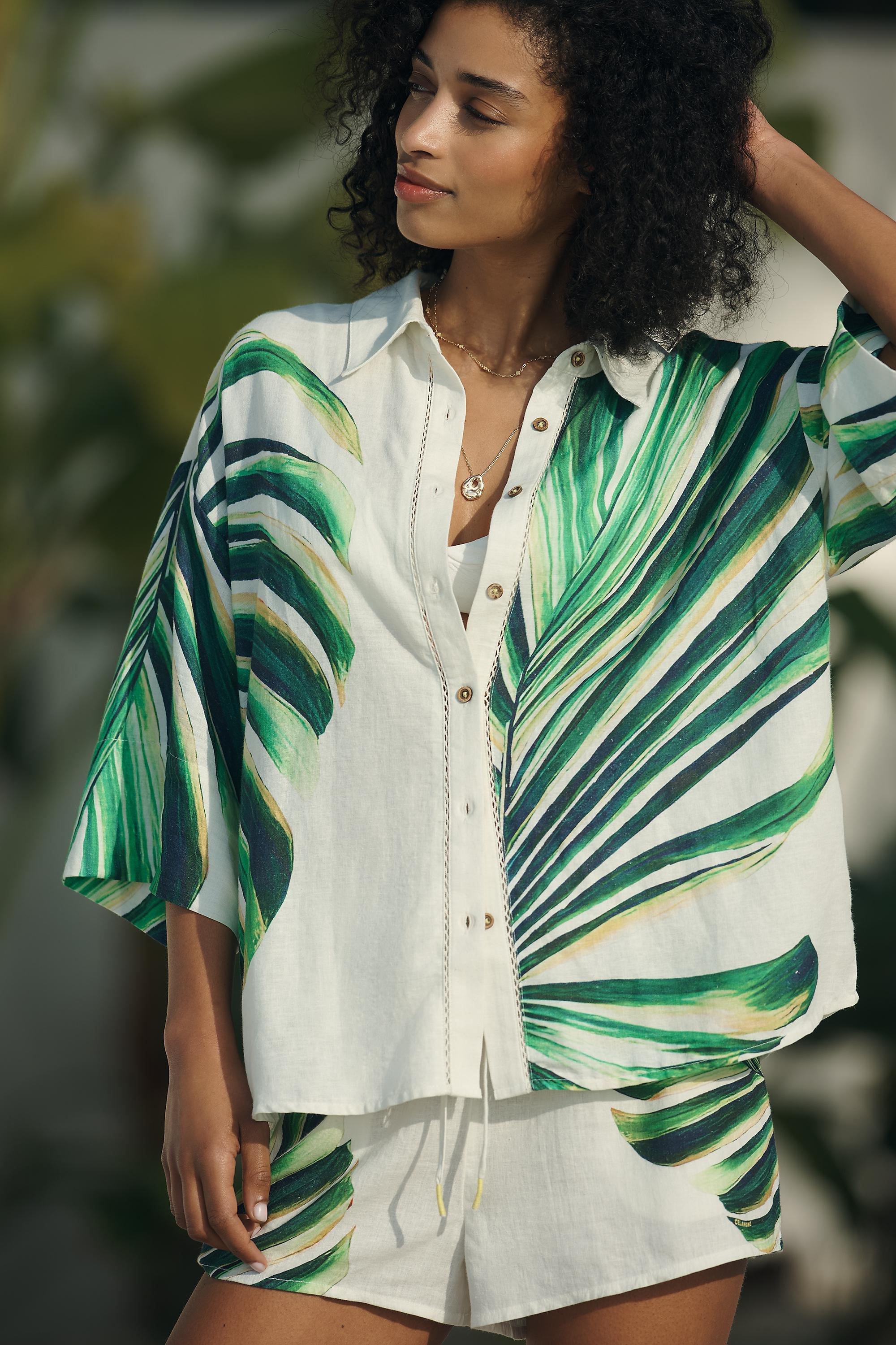 Motif Celandine Botanical Print Linen-Blend Shirt, Green, A501_0039, medium
