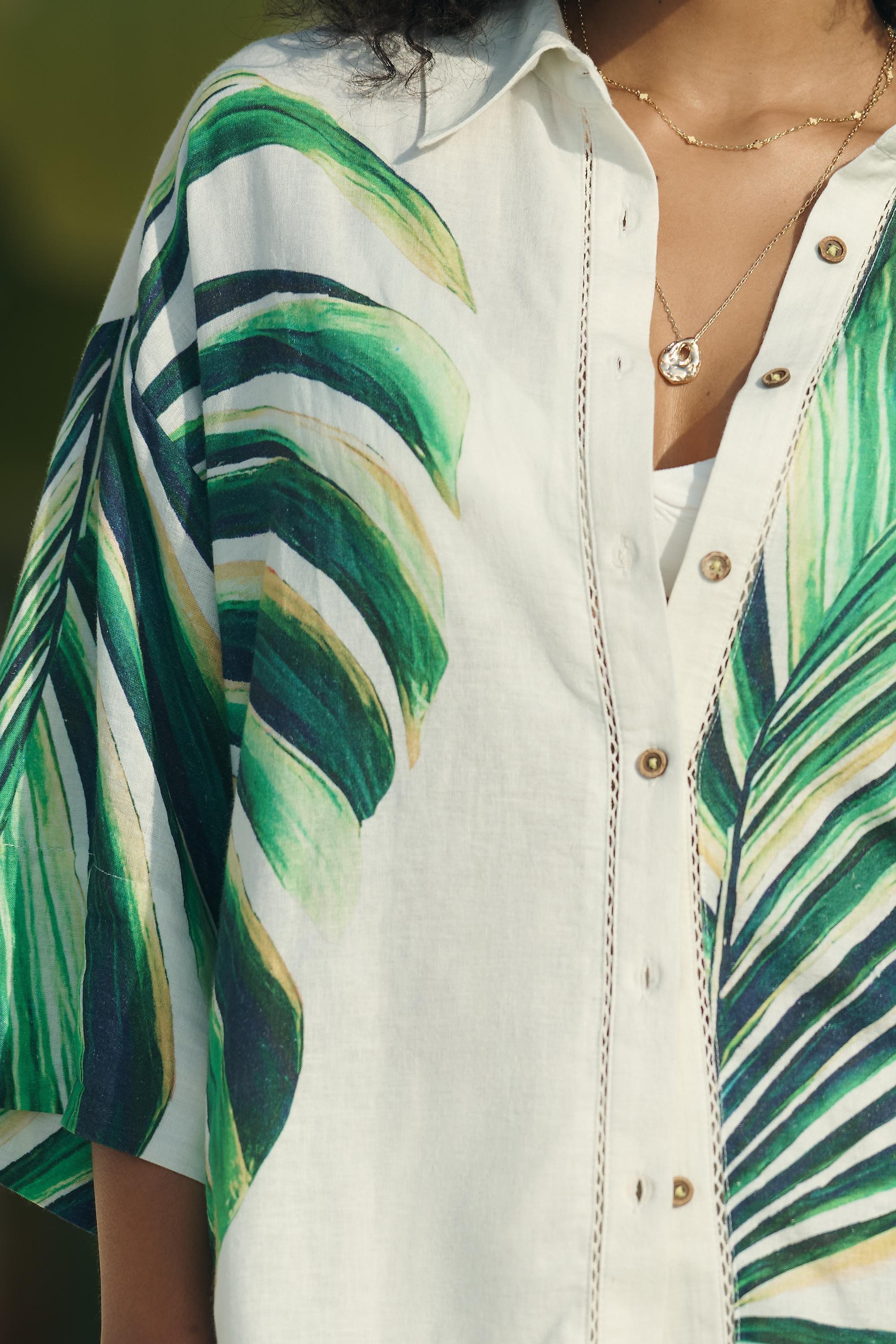 Motif Celandine Botanical Print Linen-Blend Shirt, Green, A501_0039, large image number 3