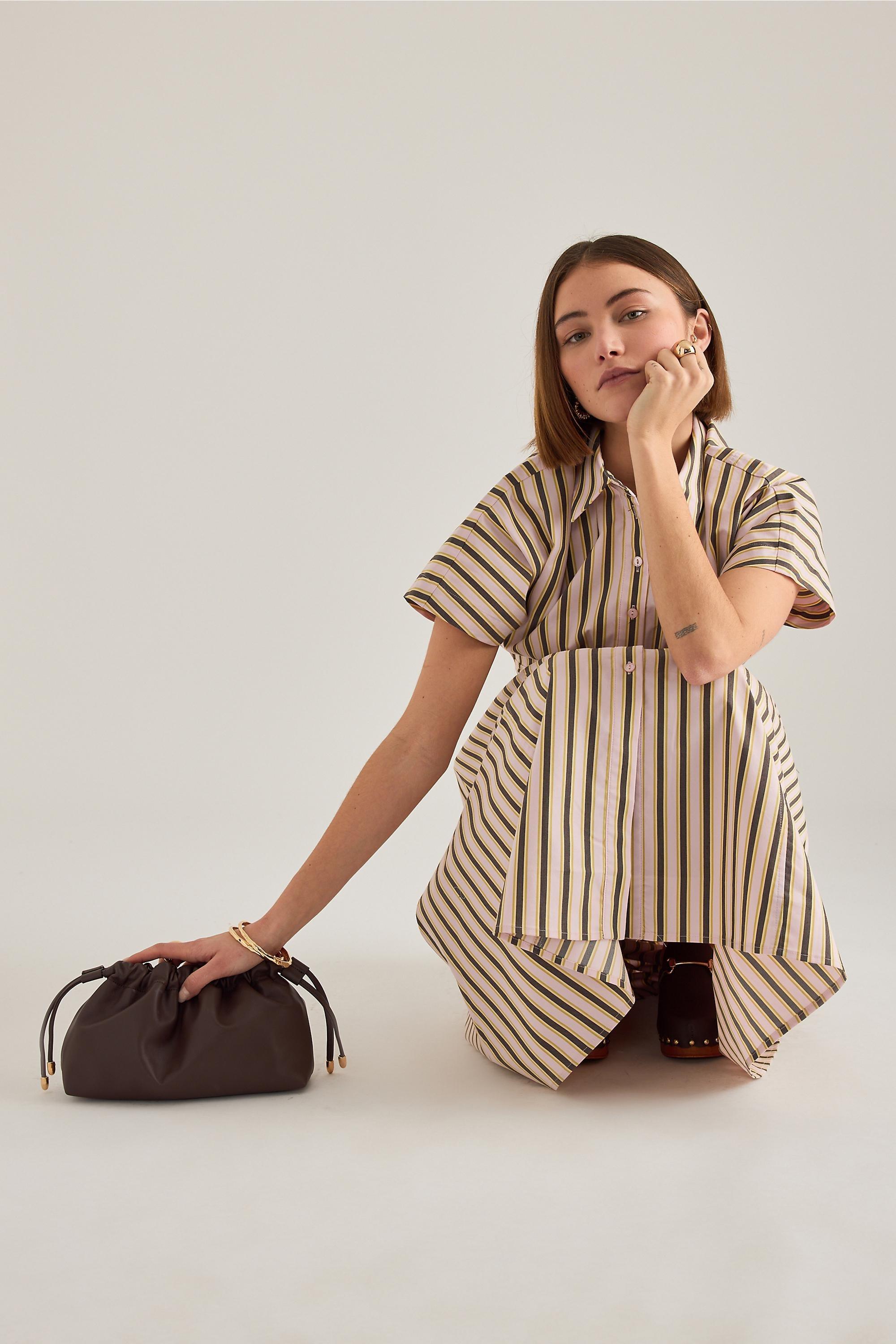 Leather Drawstring Clutch Bag, Brown, A501_0021, medium