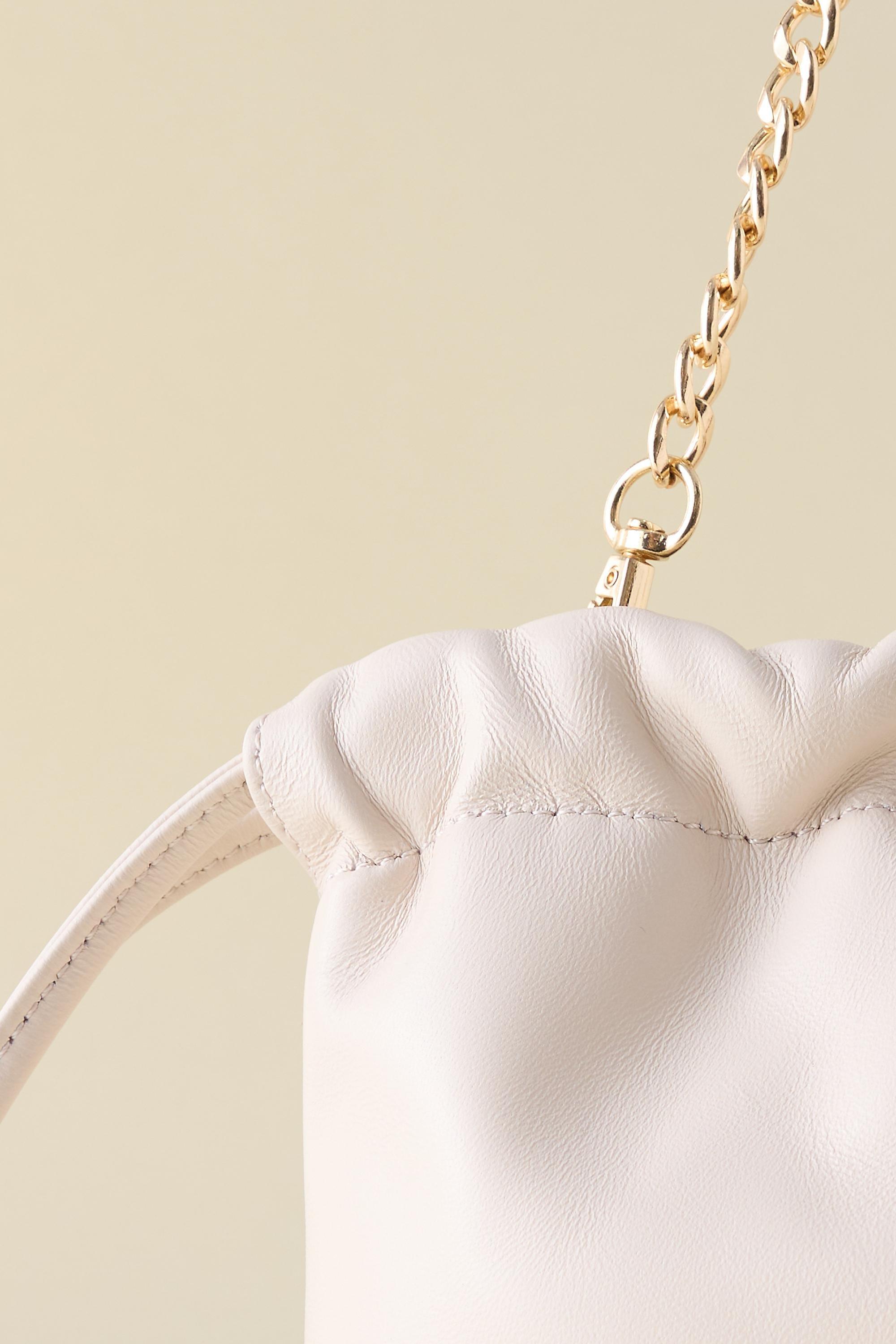 Leather Drawstring Clutch Bag, Cream, Beige, large image number 3