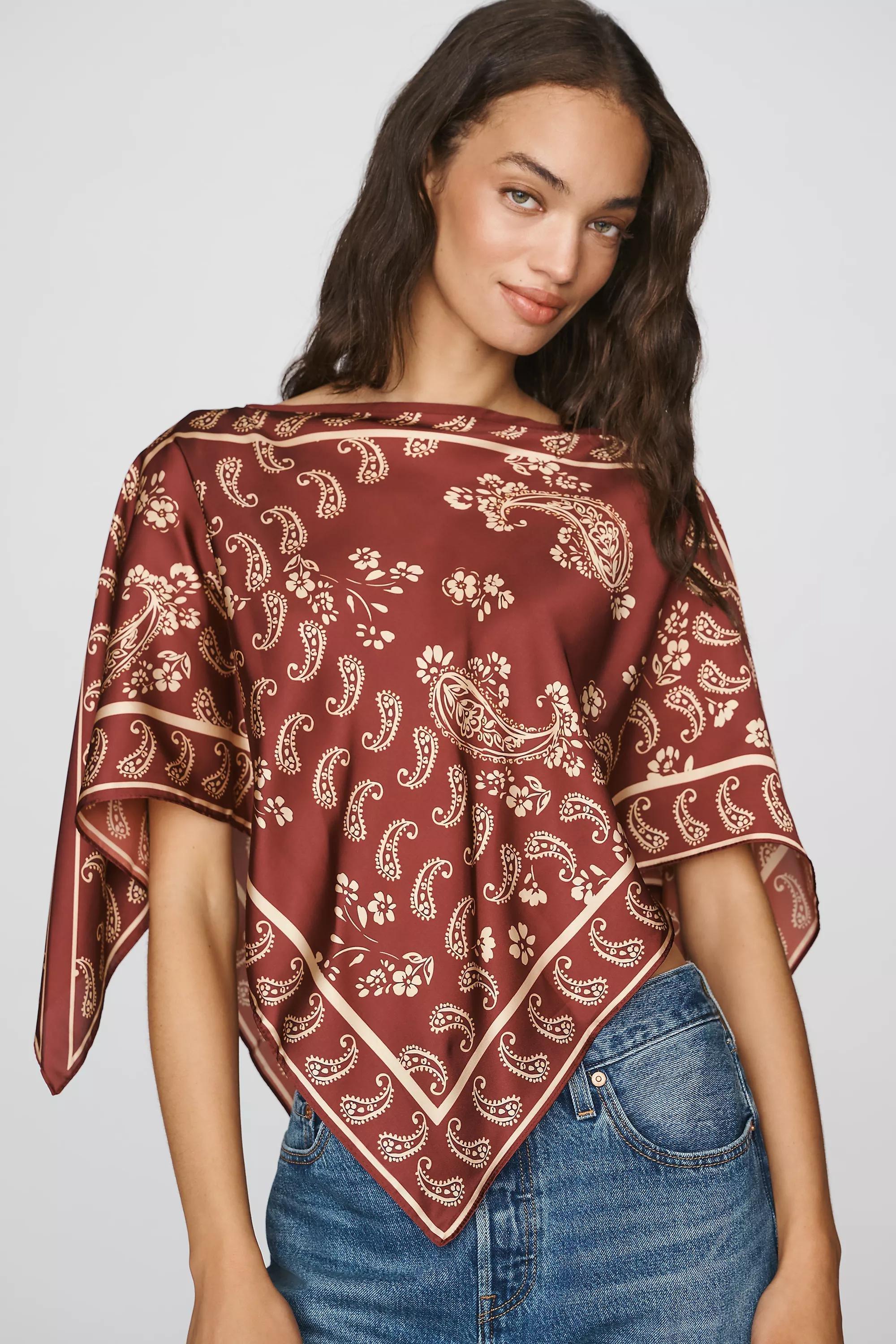 By Anthropologie Printed Scarf Poncho, Red, Burgundy, medium