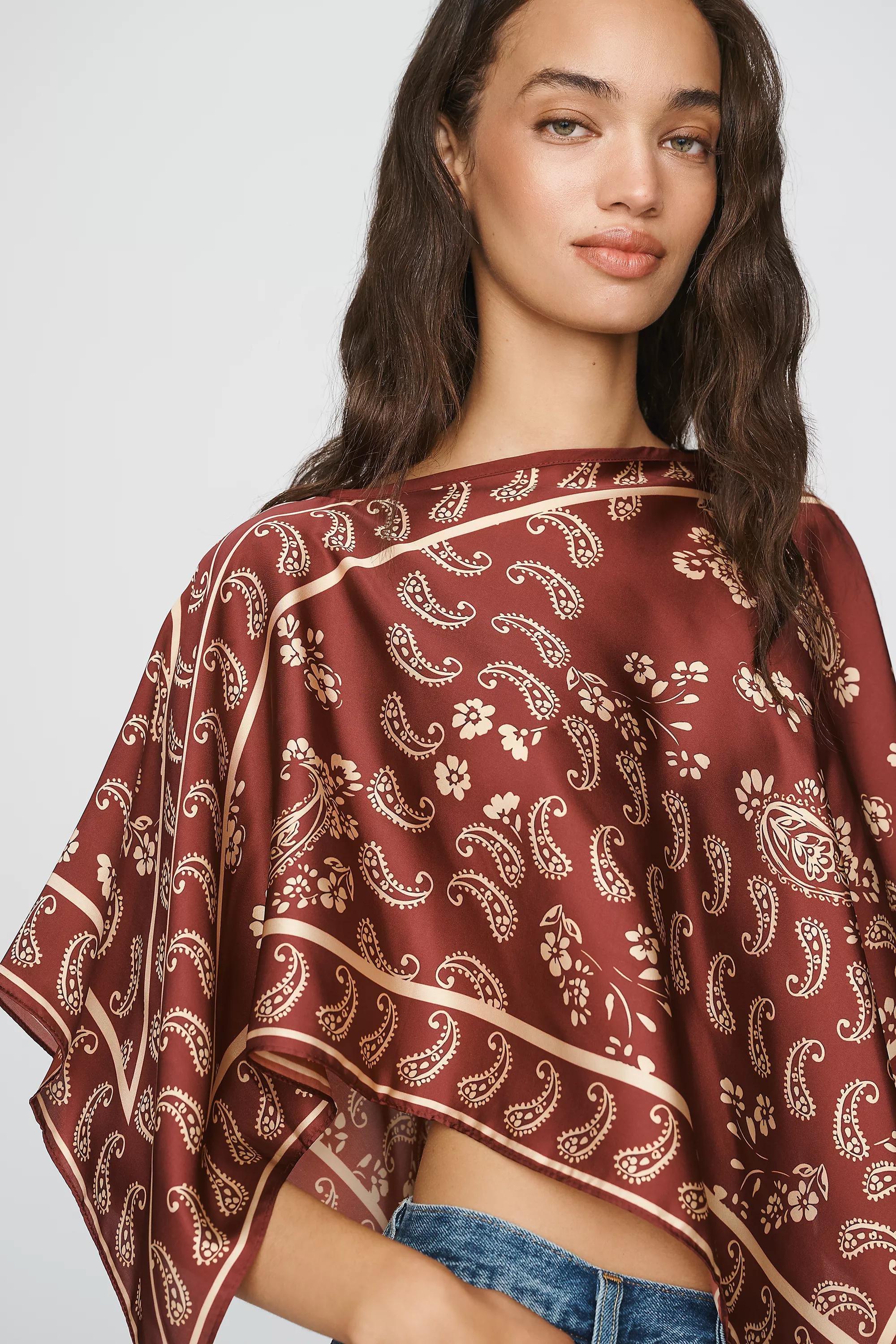 By Anthropologie Printed Scarf Poncho, Red, Burgundy, medium