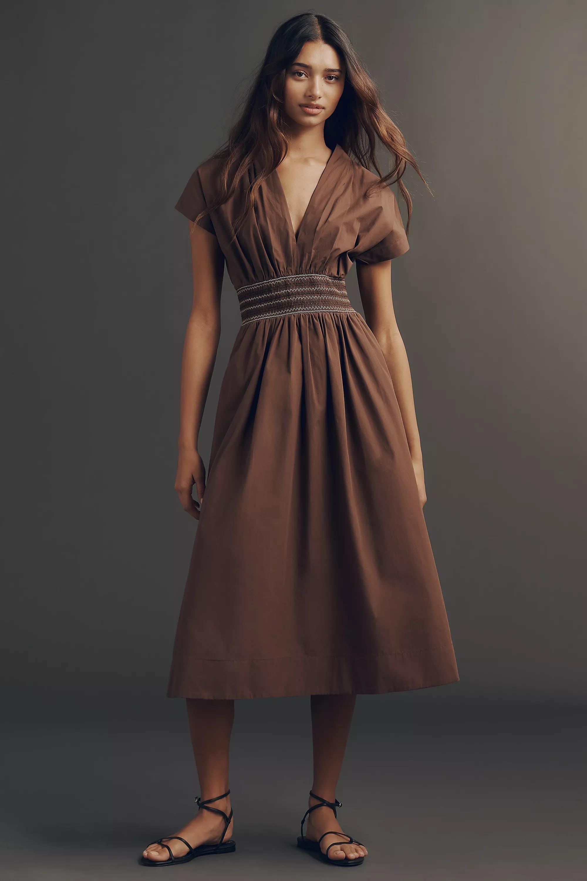 By Anthropologie Smocked Poplin Cap-Sleeve Midi Dress, Brown, A501_0020, large image number 0