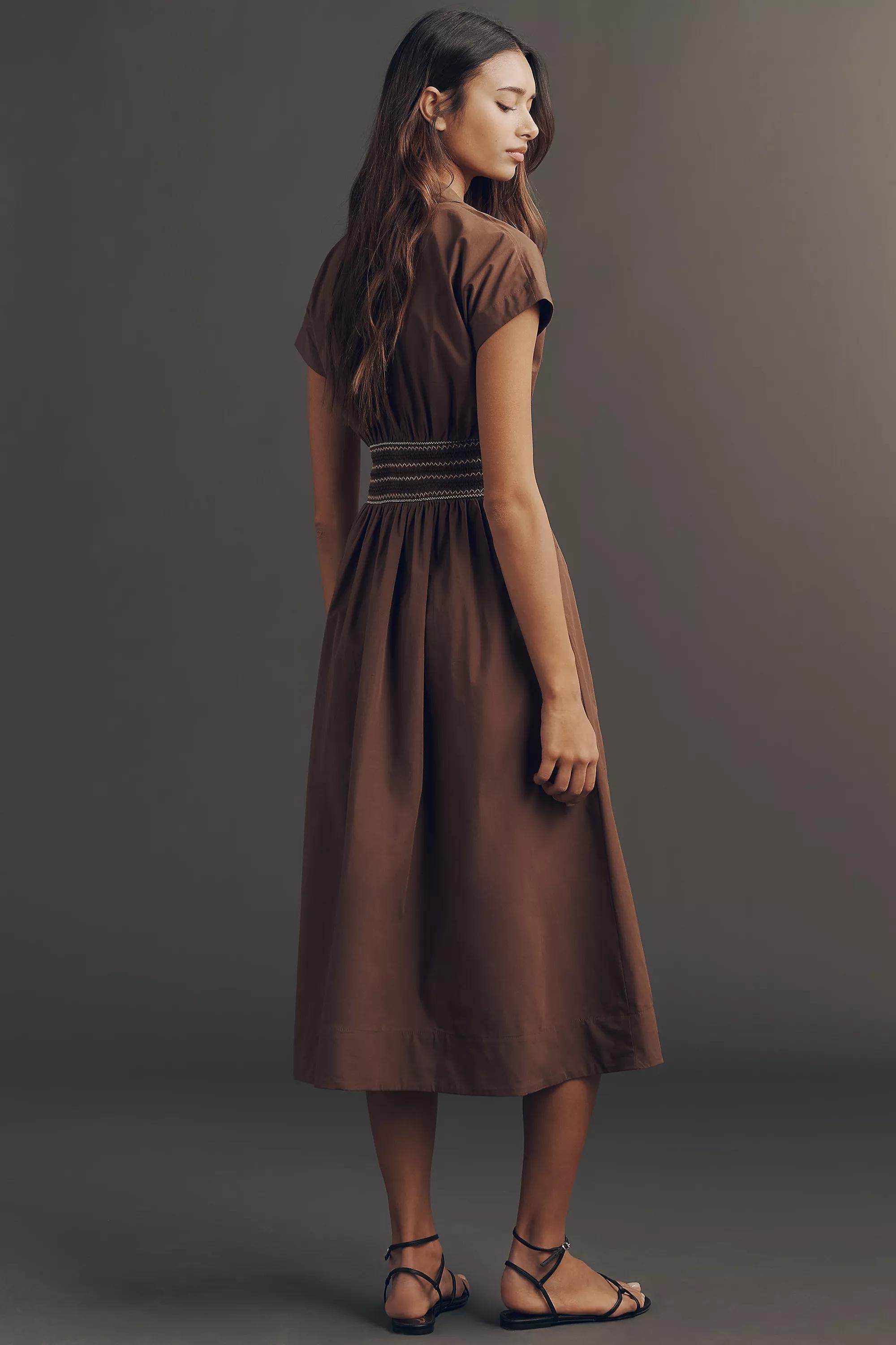 By Anthropologie Smocked Poplin Cap-Sleeve Midi Dress, Brown, A501_0020, medium