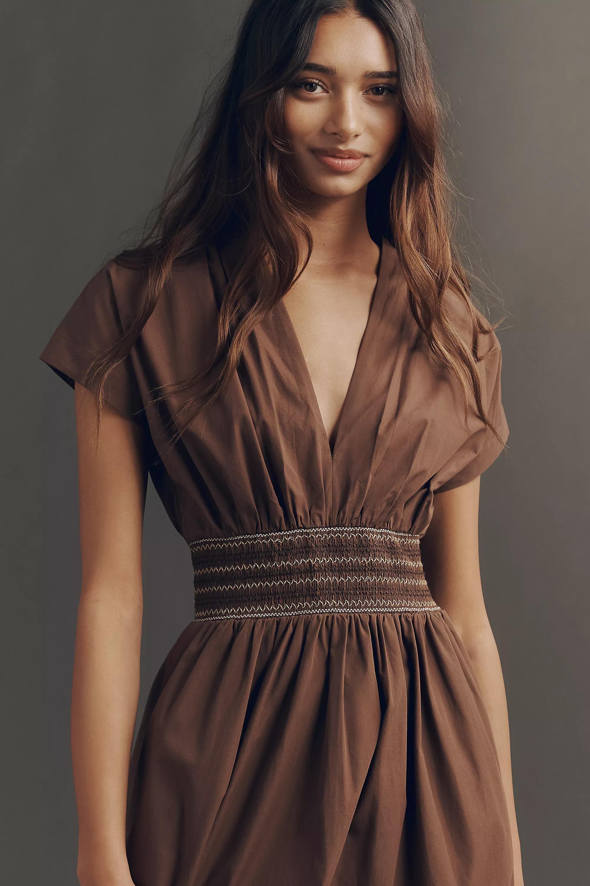 By Anthropologie Smocked Poplin Cap-Sleeve Midi Dress, Brown, A501_0020, large image number 2