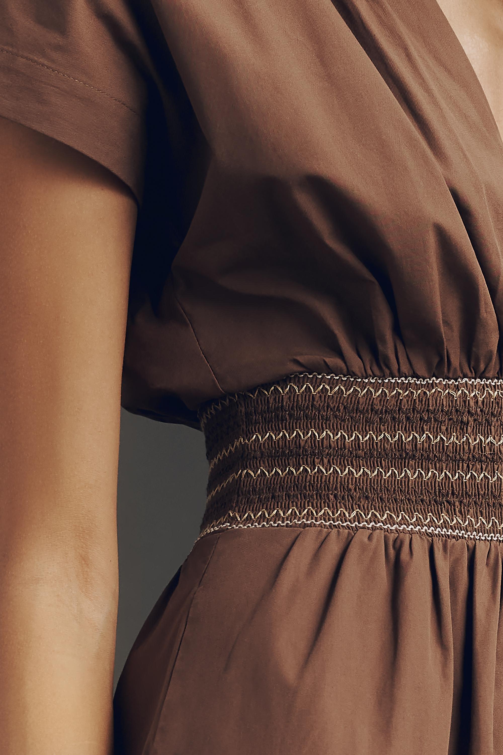 By Anthropologie Smocked Poplin Cap-Sleeve Midi Dress, Brown, A501_0020, large image number 3
