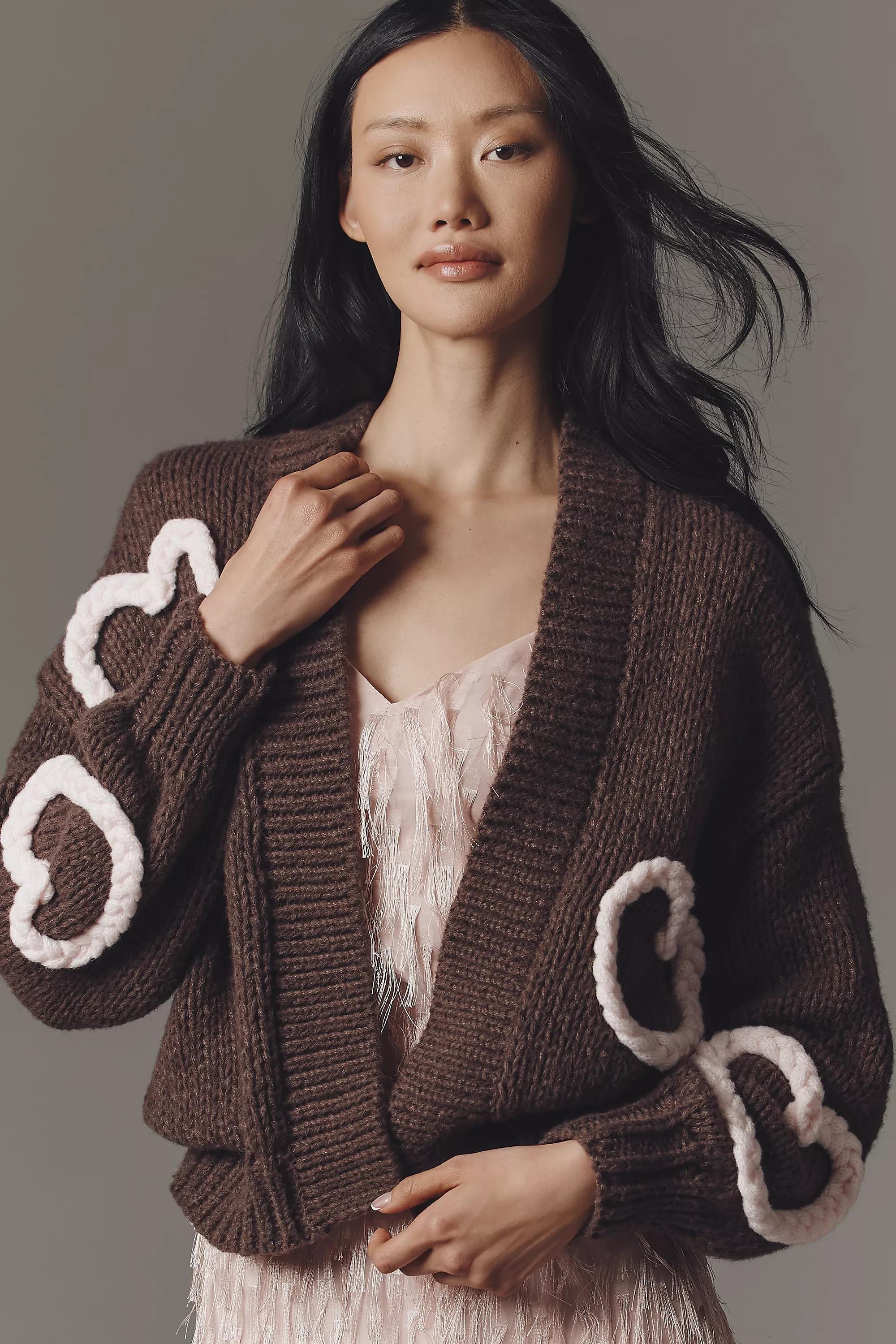 Maeve Heart Icon Open-Front Cardigan, Brown, A501_0021, medium