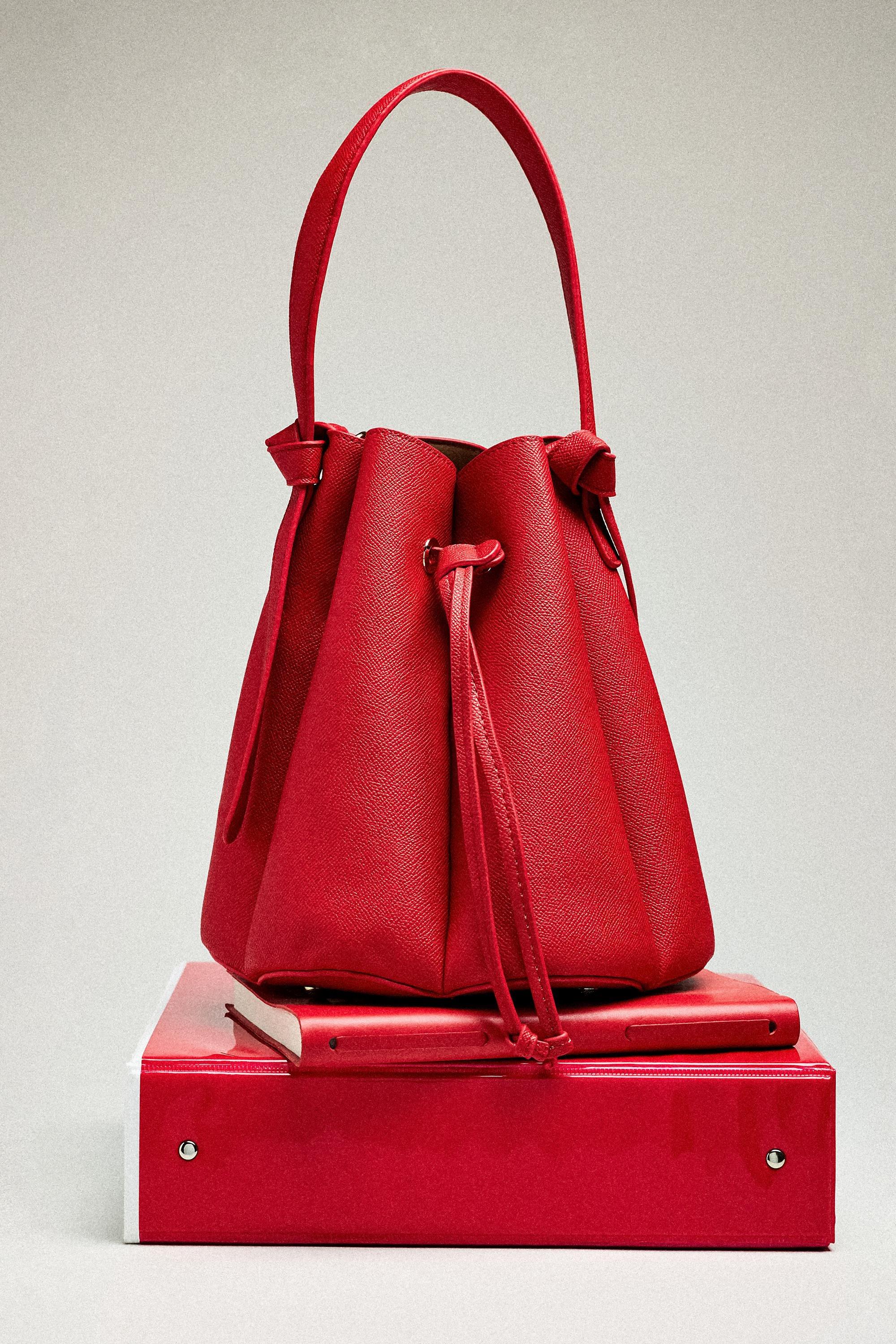 RED Laguna Cinched Vegan Leather Bucket Bag, Red, medium