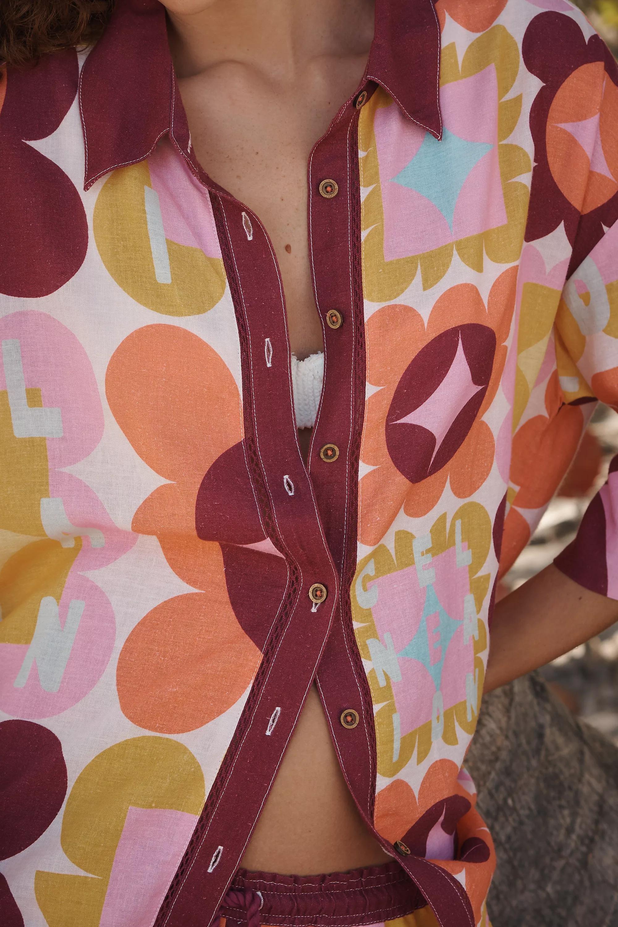 Celandine X Holly Clarke Linen-Blend Short-Sleeve Buttondown Shirt Pink, A501_0266, medium