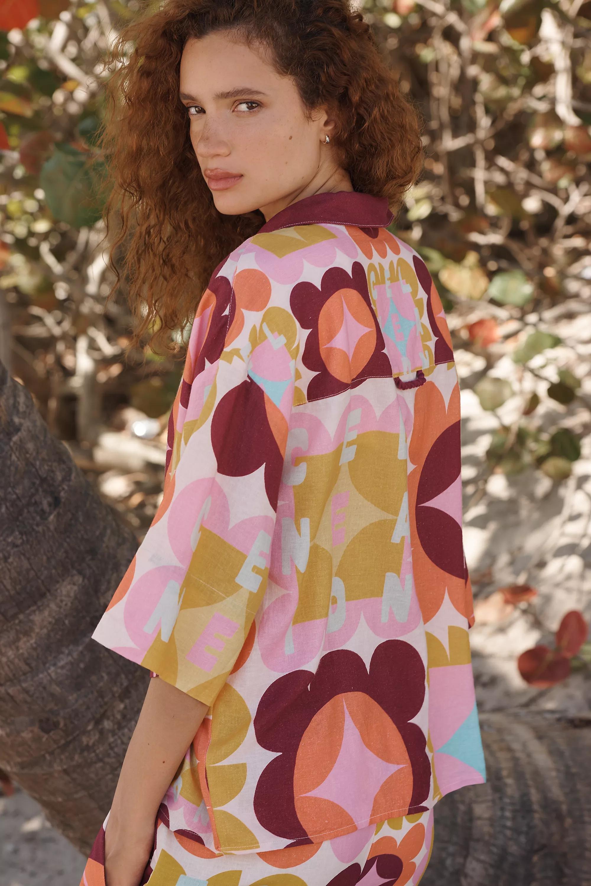 Celandine X Holly Clarke Linen-Blend Short-Sleeve Buttondown Shirt Pink, A501_0266, large image number 2