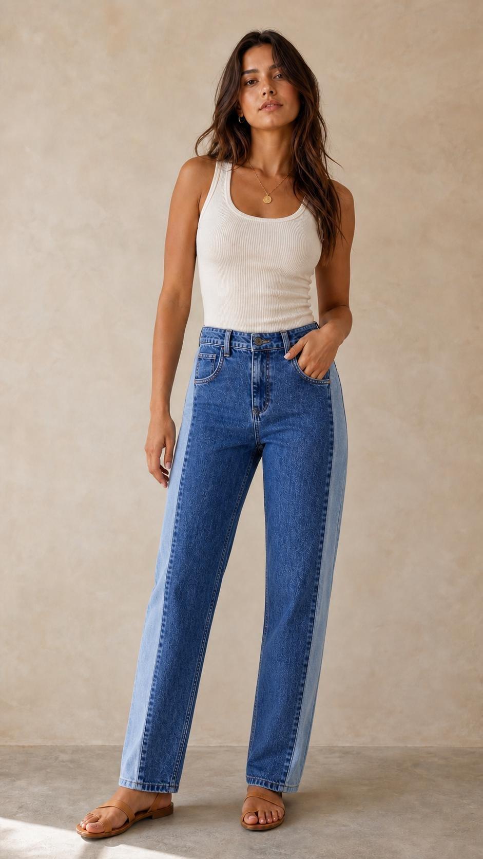 Two-Tone Colorblock Straight Leg Jeans, Blue, Blue, large image number 0