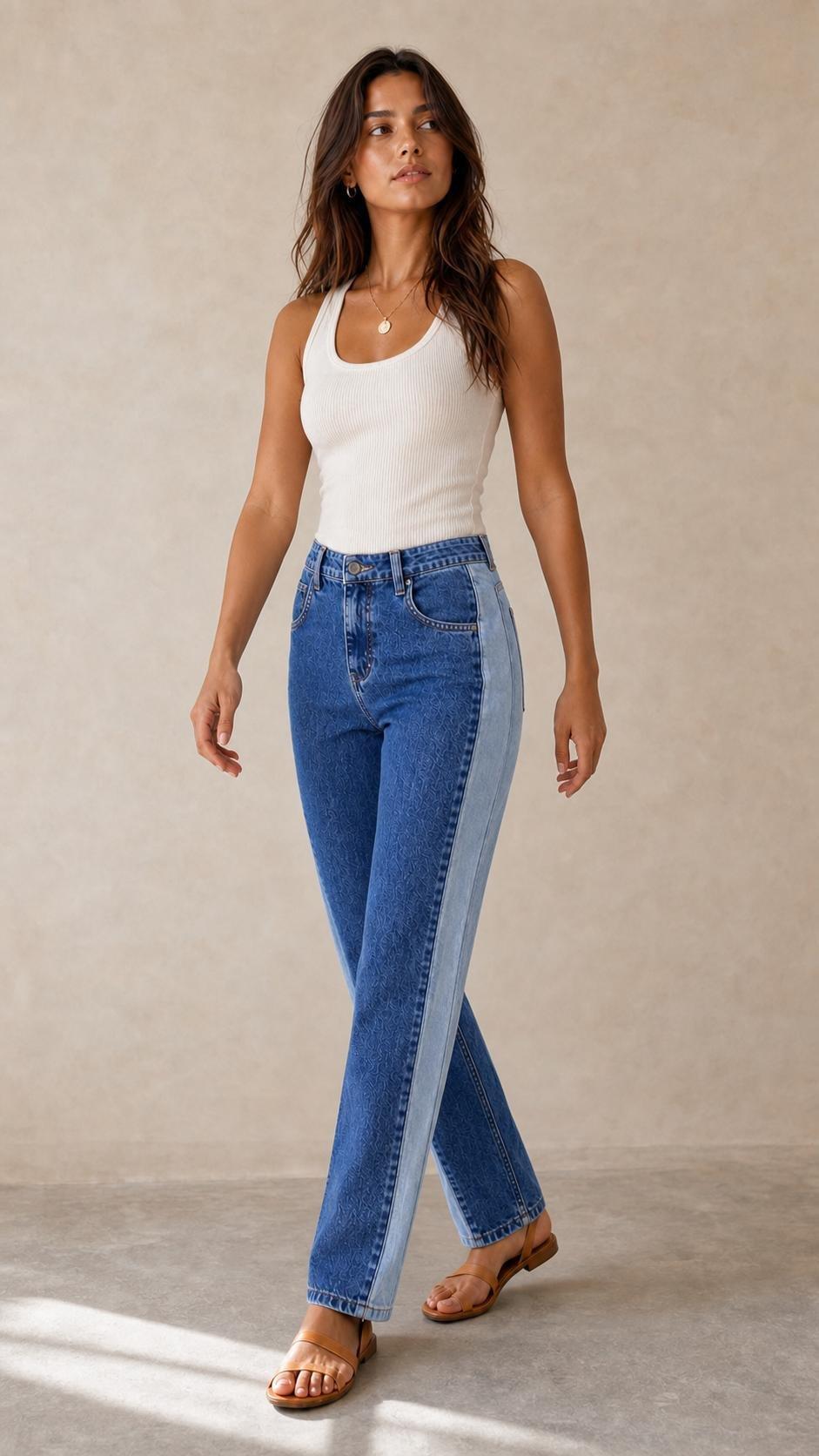 Two-Tone Colorblock Straight Leg Jeans, Blue, Blue, medium