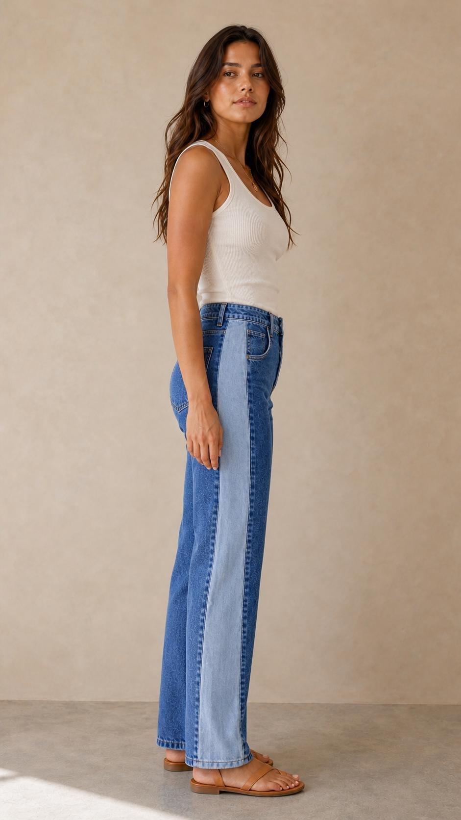 Two-Tone Colorblock Straight Leg Jeans, Blue, Blue, large image number 2