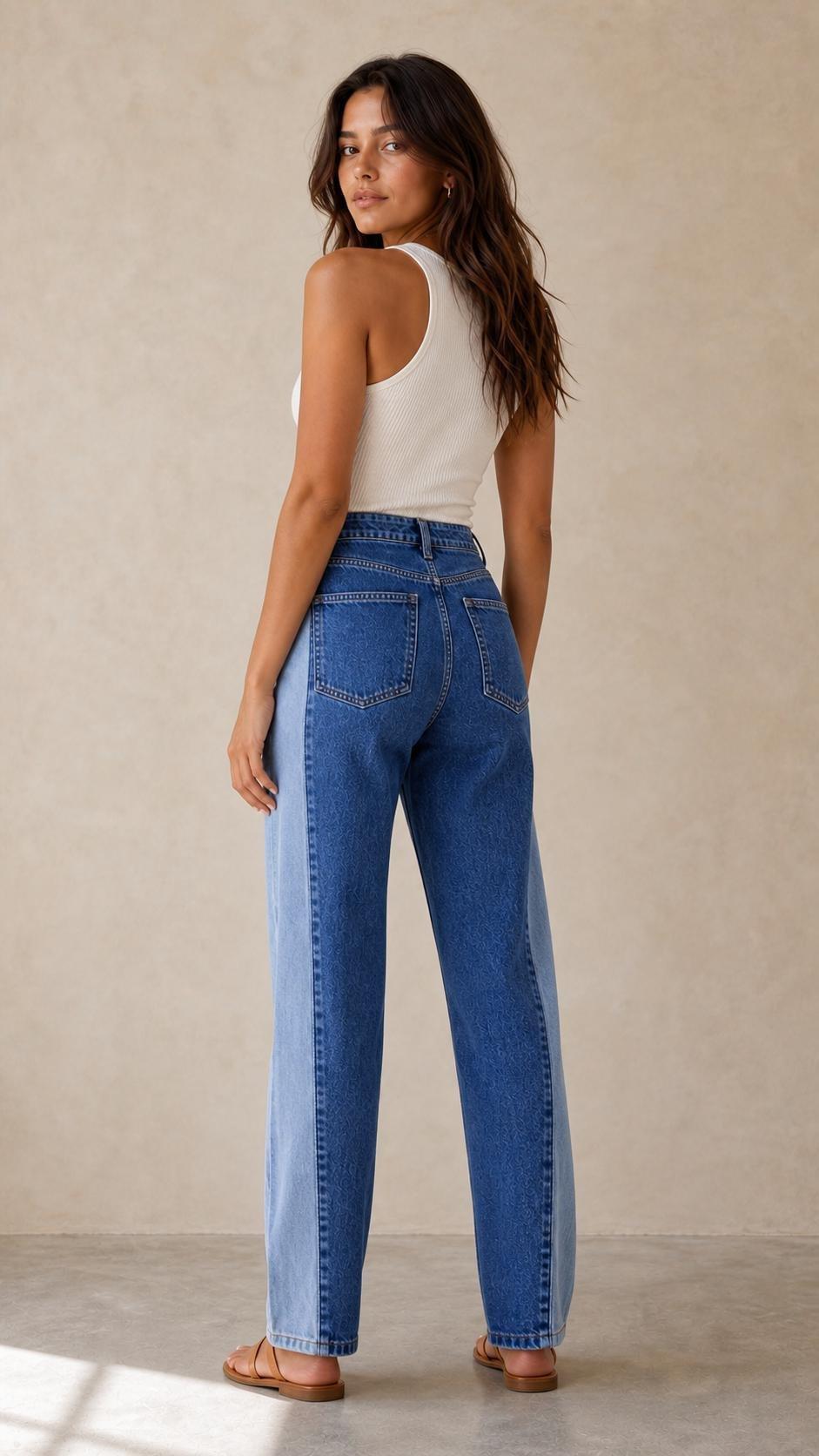 Two-Tone Colorblock Straight Leg Jeans, Blue, Blue, large image number 3