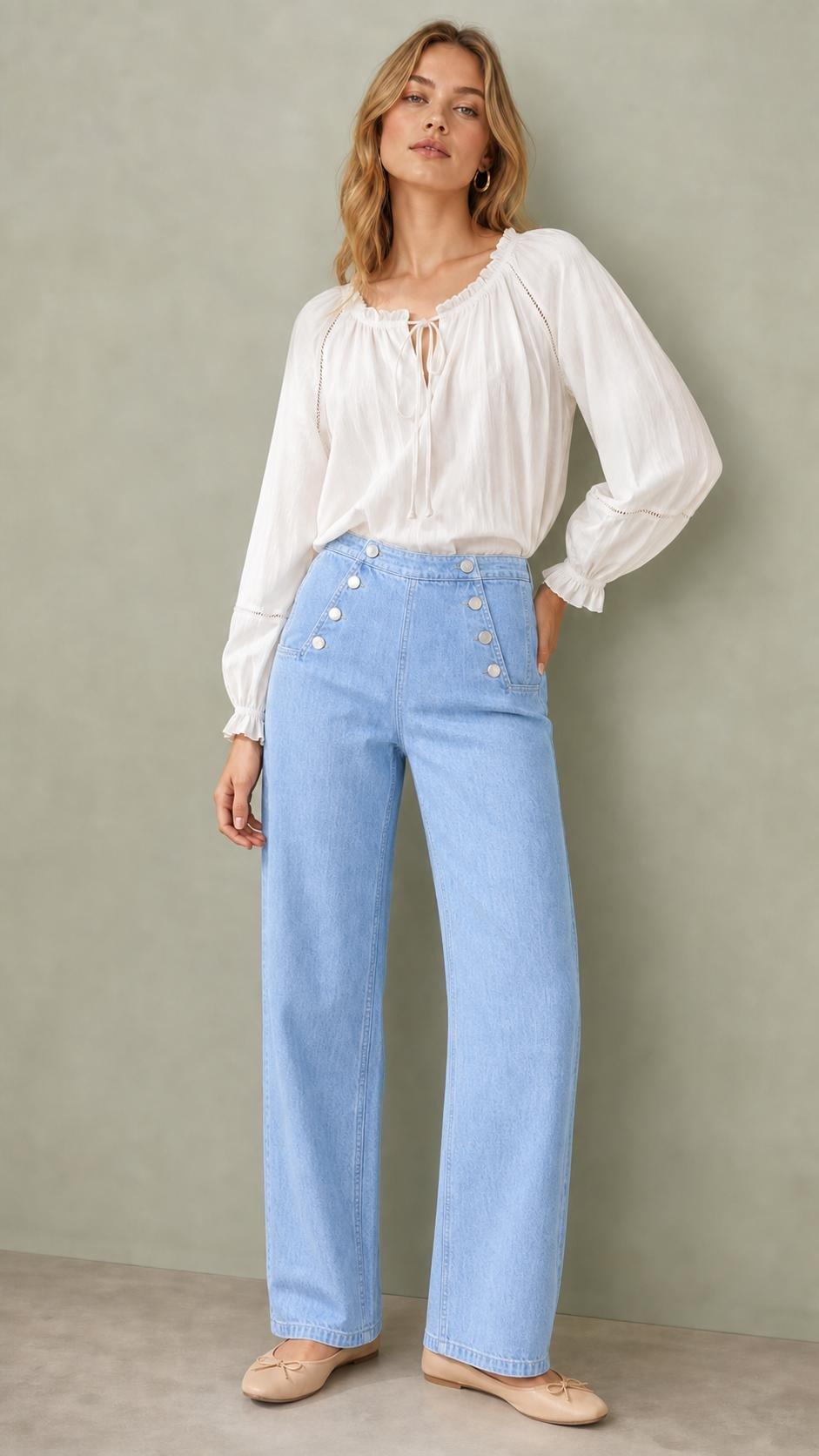 Sailor Button Wide Leg Jeans, Light Blue, Blue, medium