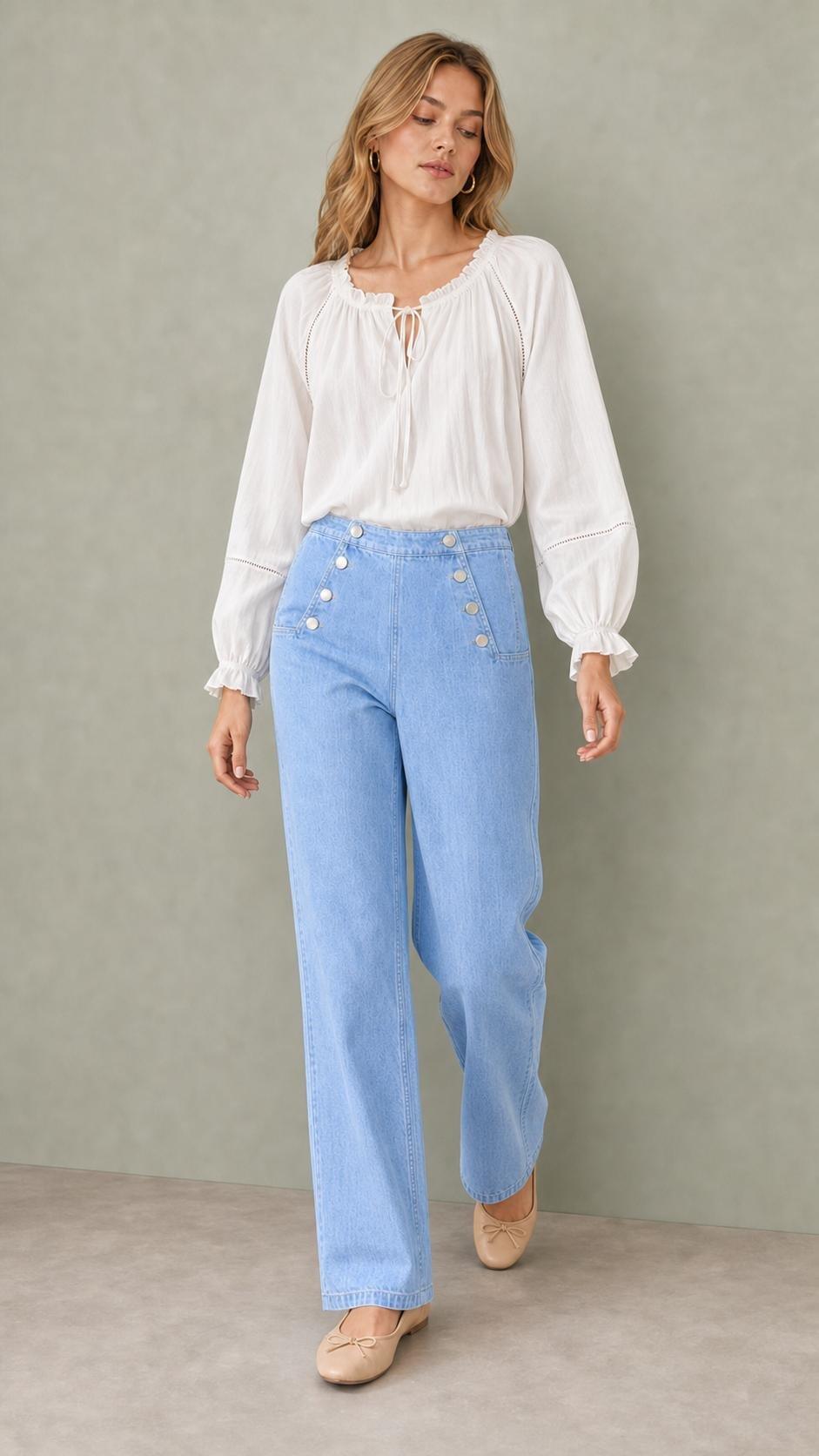 Sailor Button Wide Leg Jeans, Light Blue, Blue, large image number 1