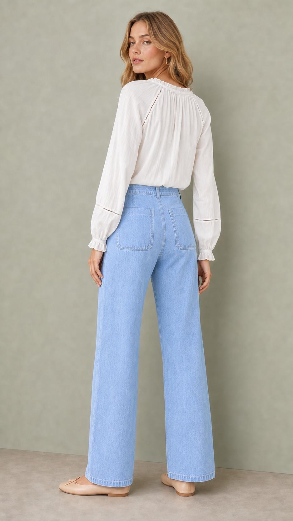 Sailor Button Wide Leg Jeans, Light Blue, Blue, large image number 2