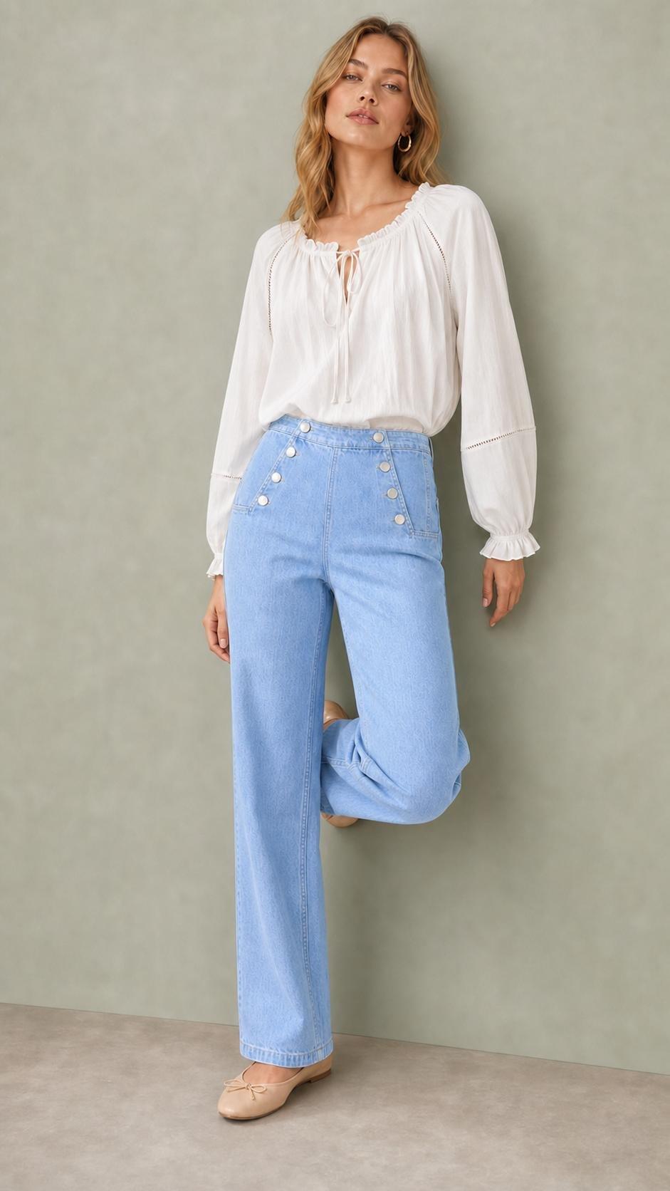 Sailor Button Wide Leg Jeans, Light Blue, Blue, large image number 3
