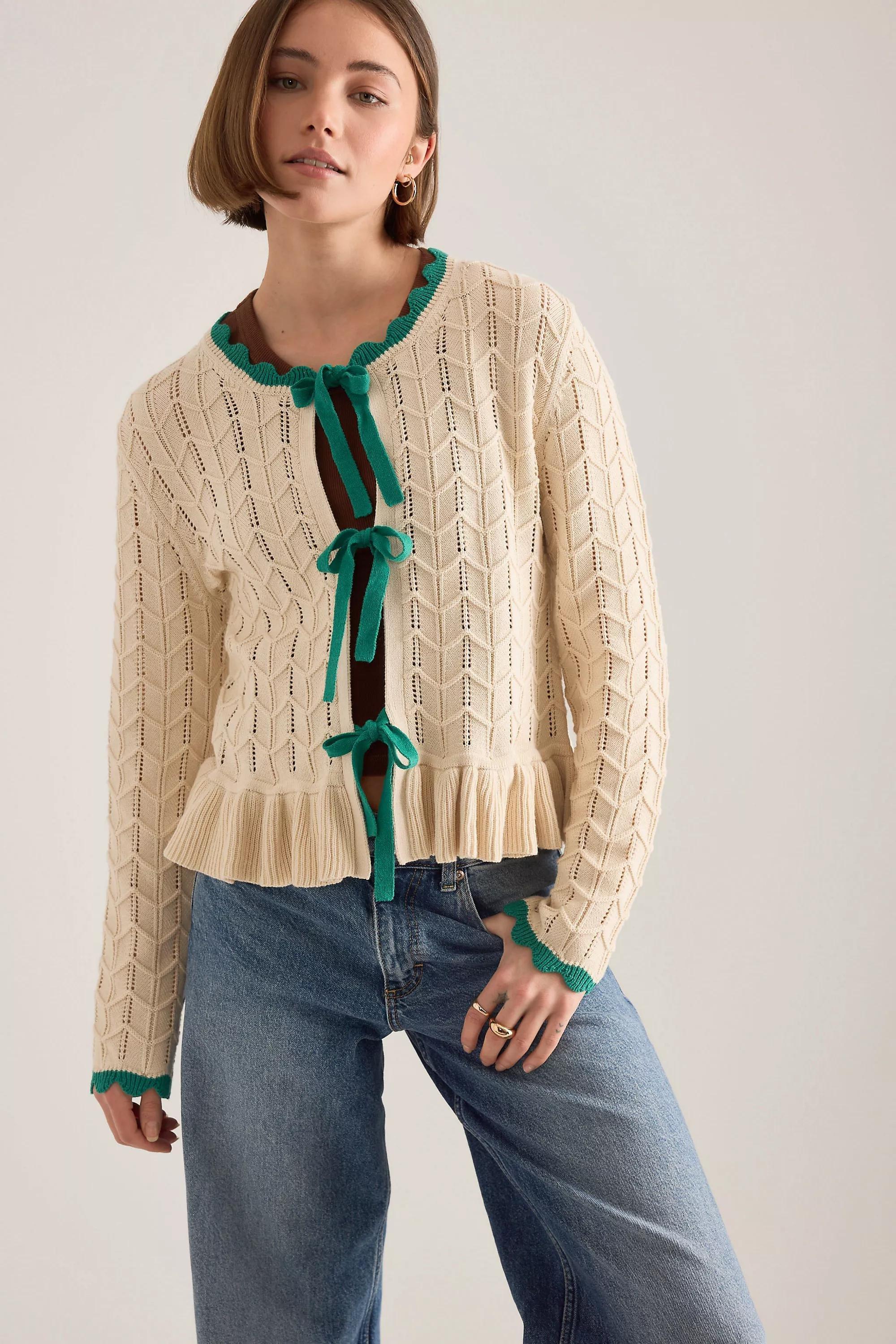 By Anthropologie Pointelle Knit Tie-Front Cardigan, Cream, Cream, large image number 0