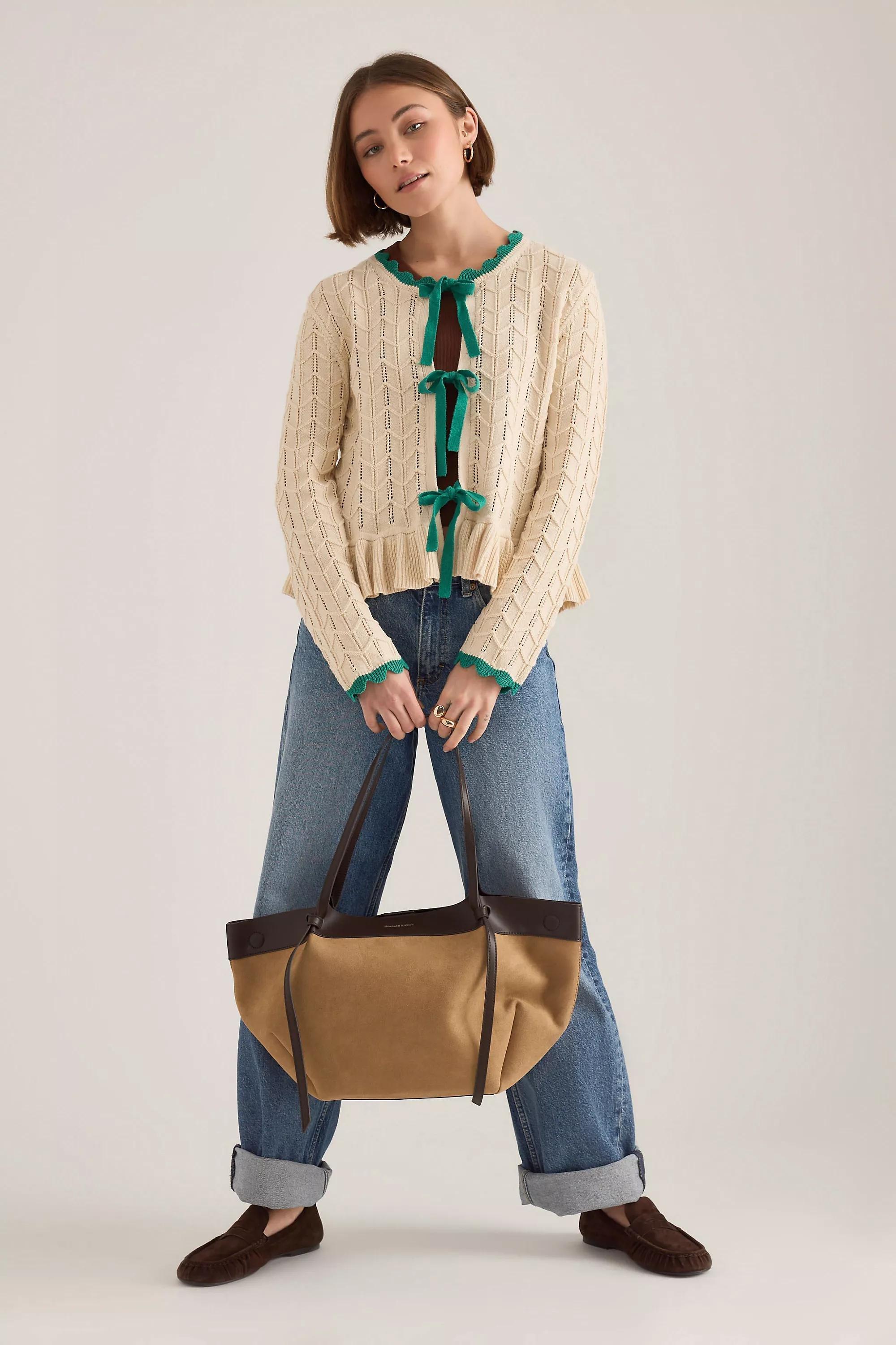 By Anthropologie Pointelle Knit Tie-Front Cardigan, Cream, Cream, large image number 2