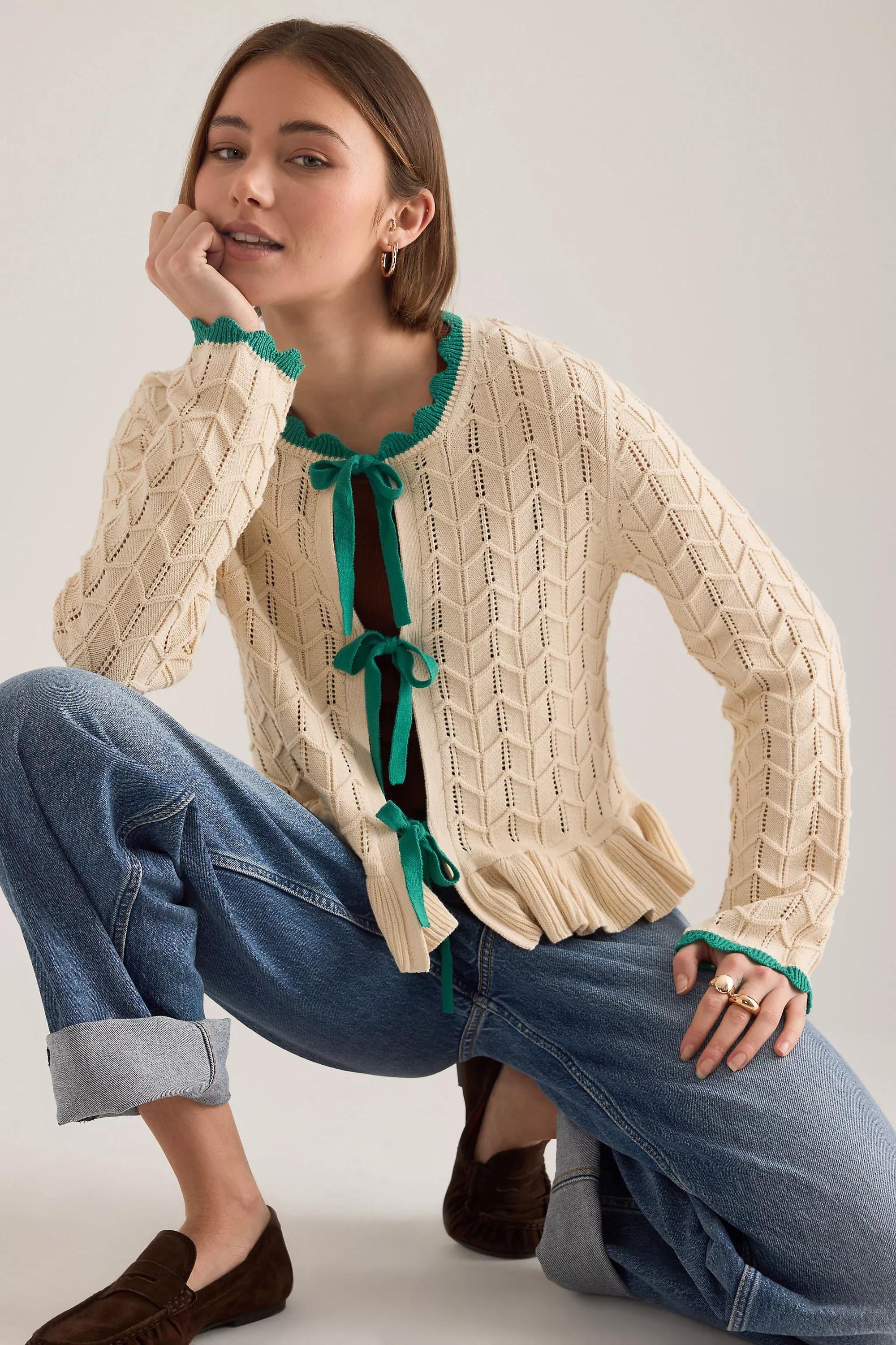 By Anthropologie Pointelle Knit Tie-Front Cardigan, Cream, Cream, large image number 3