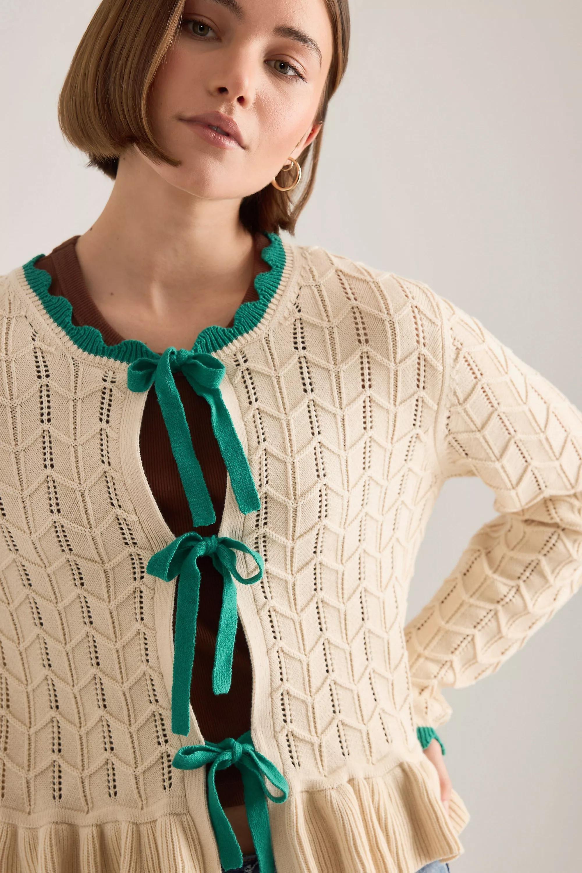 By Anthropologie Pointelle Knit Tie-Front Cardigan, Cream, Cream, large image number 5