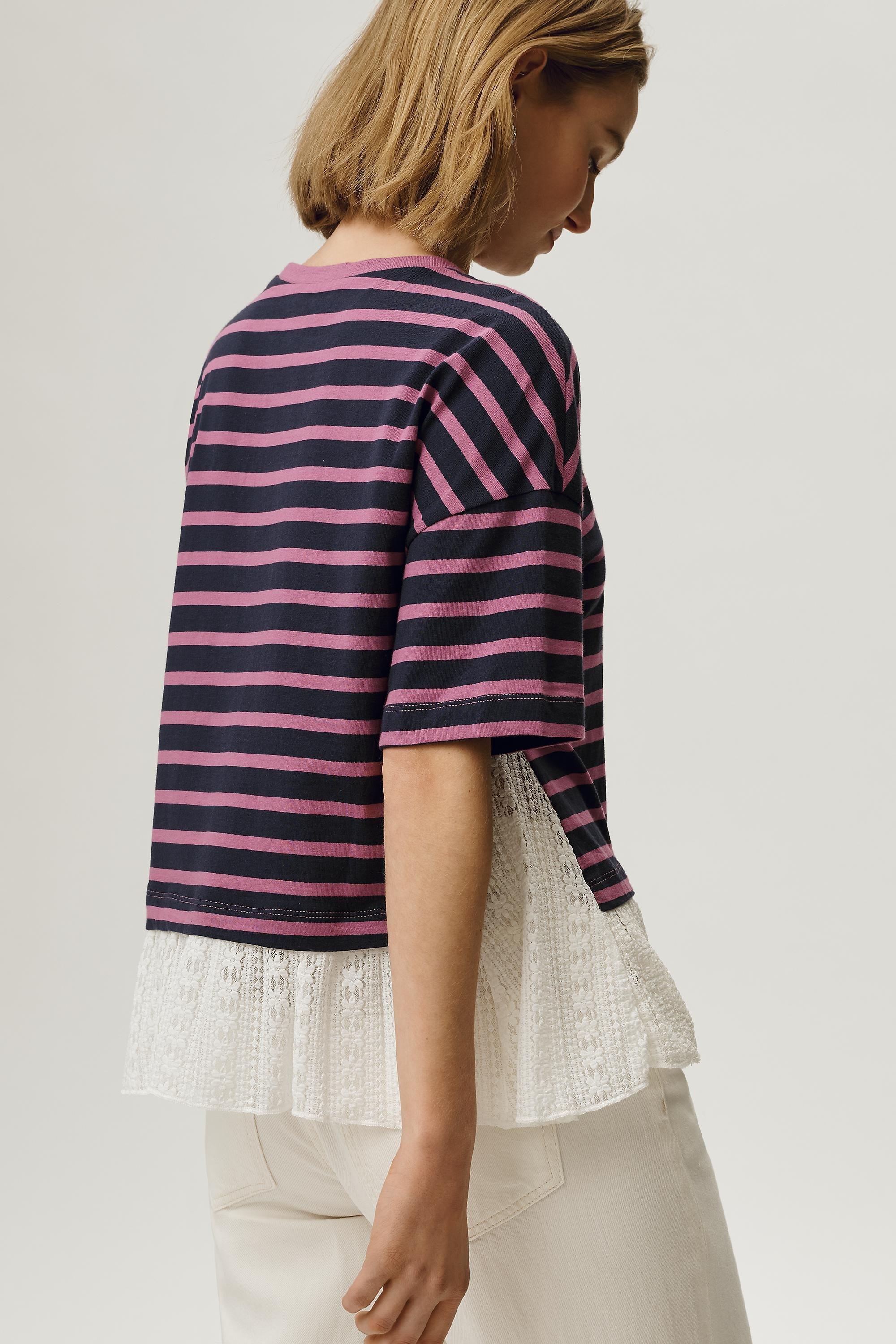 By Maeve Stripe Lace Hem T-Shirt Navy, A501_0041, medium